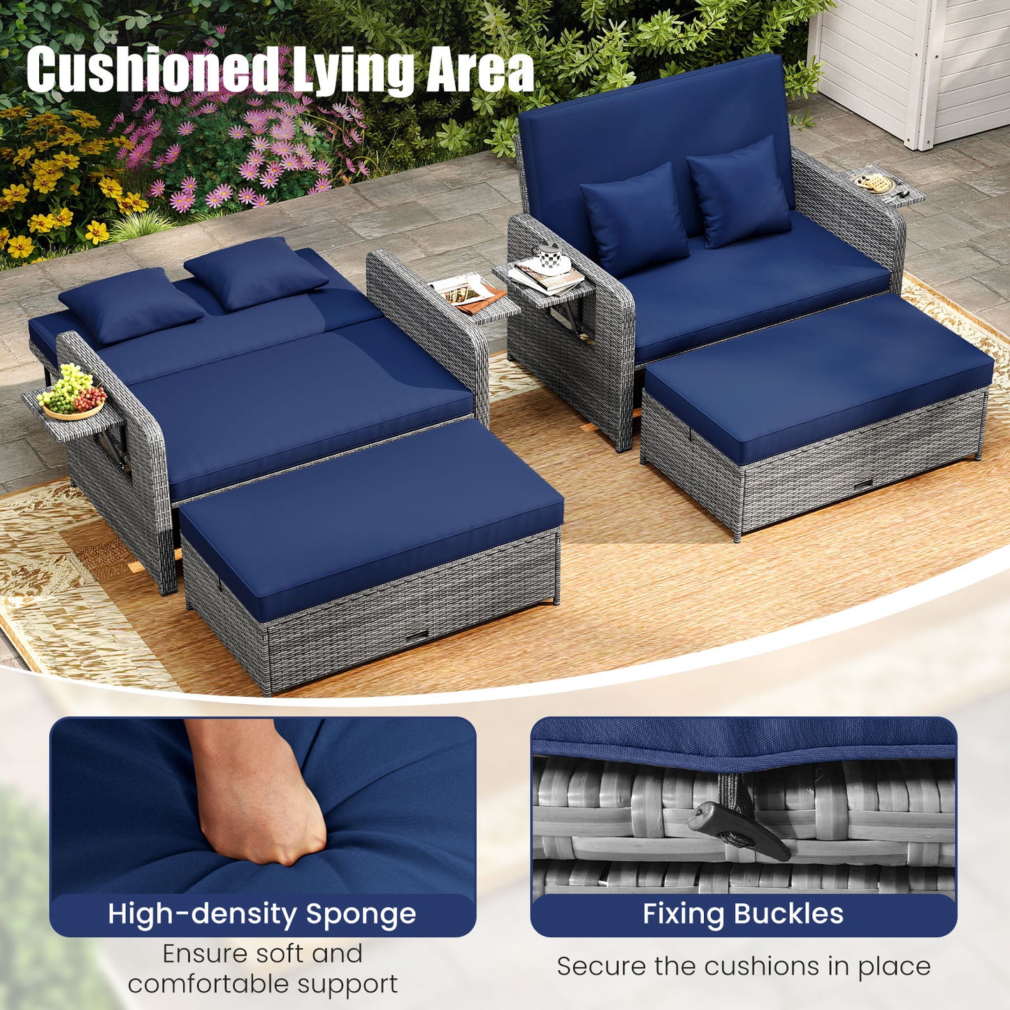 Canapé deux places en osier pour patio, pouf, plateau latéral, marine