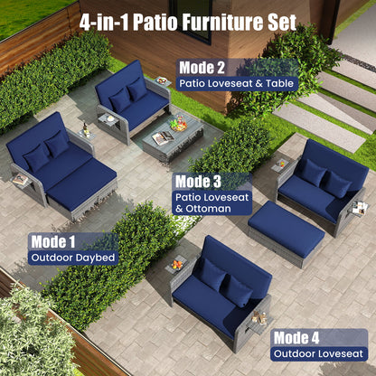 Canapé deux places en osier pour patio, pouf, plateau latéral, marine