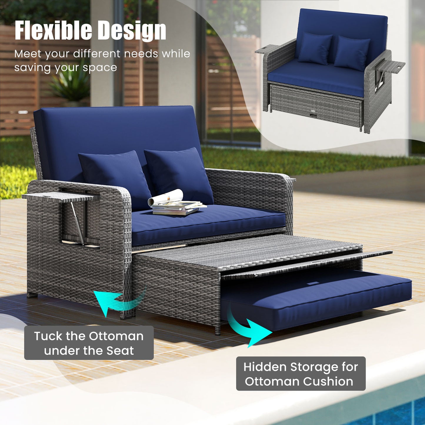 Canapé deux places en osier pour patio, pouf, plateau latéral, marine