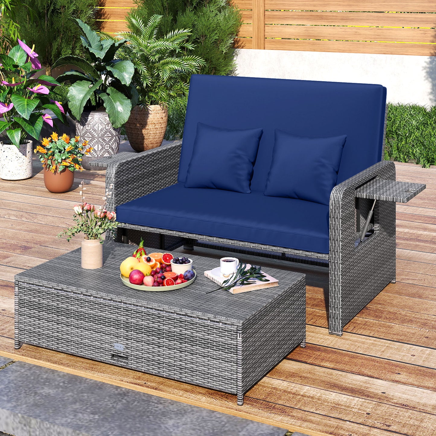 Canapé deux places en osier pour patio, pouf, plateau latéral, marine