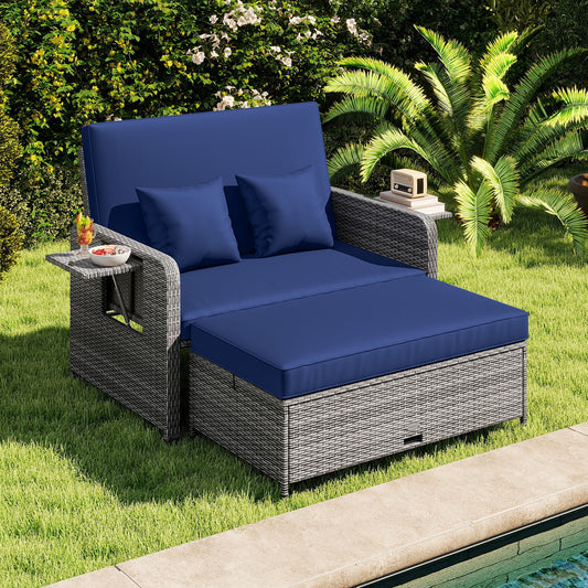 Patio Wicker Loveseat Sofa, Ottoman, Side Tray, Navy Patio Furniture Sets Navy at Gallery Canada