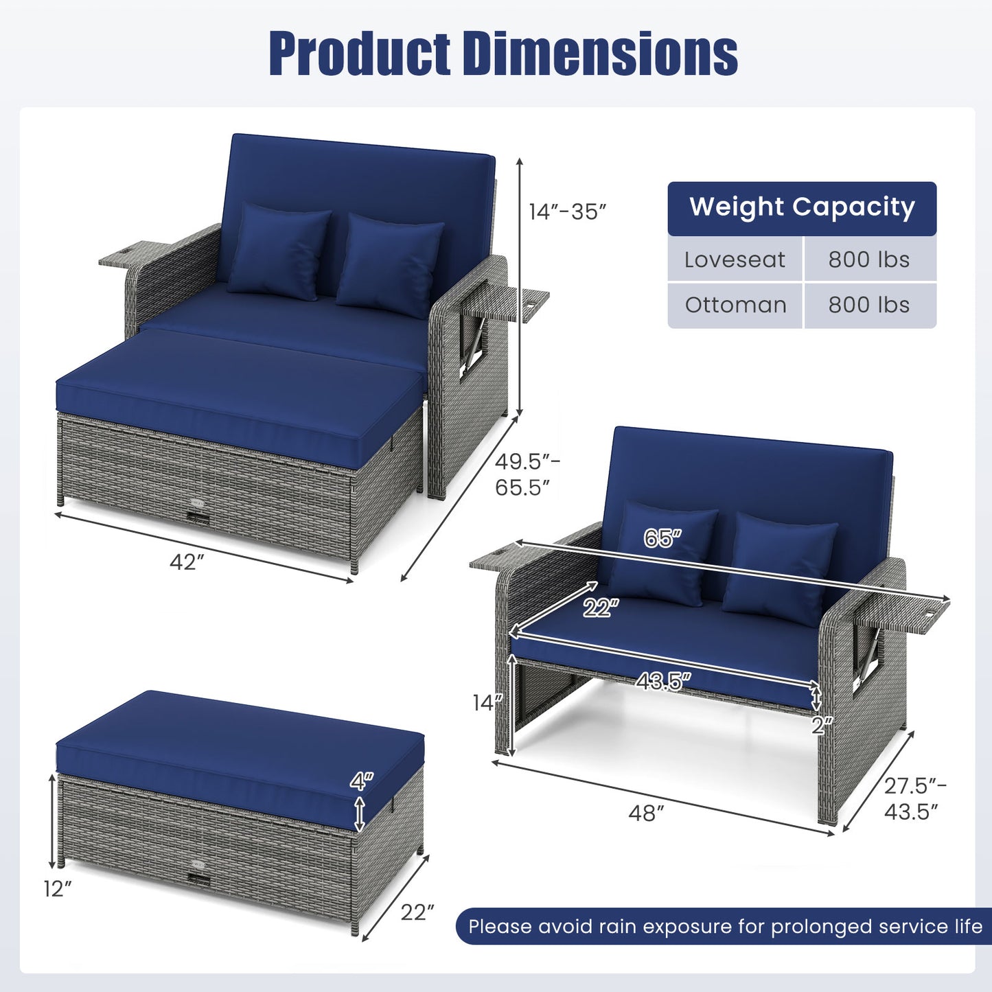 Canapé deux places en osier pour patio, pouf, plateau latéral, marine