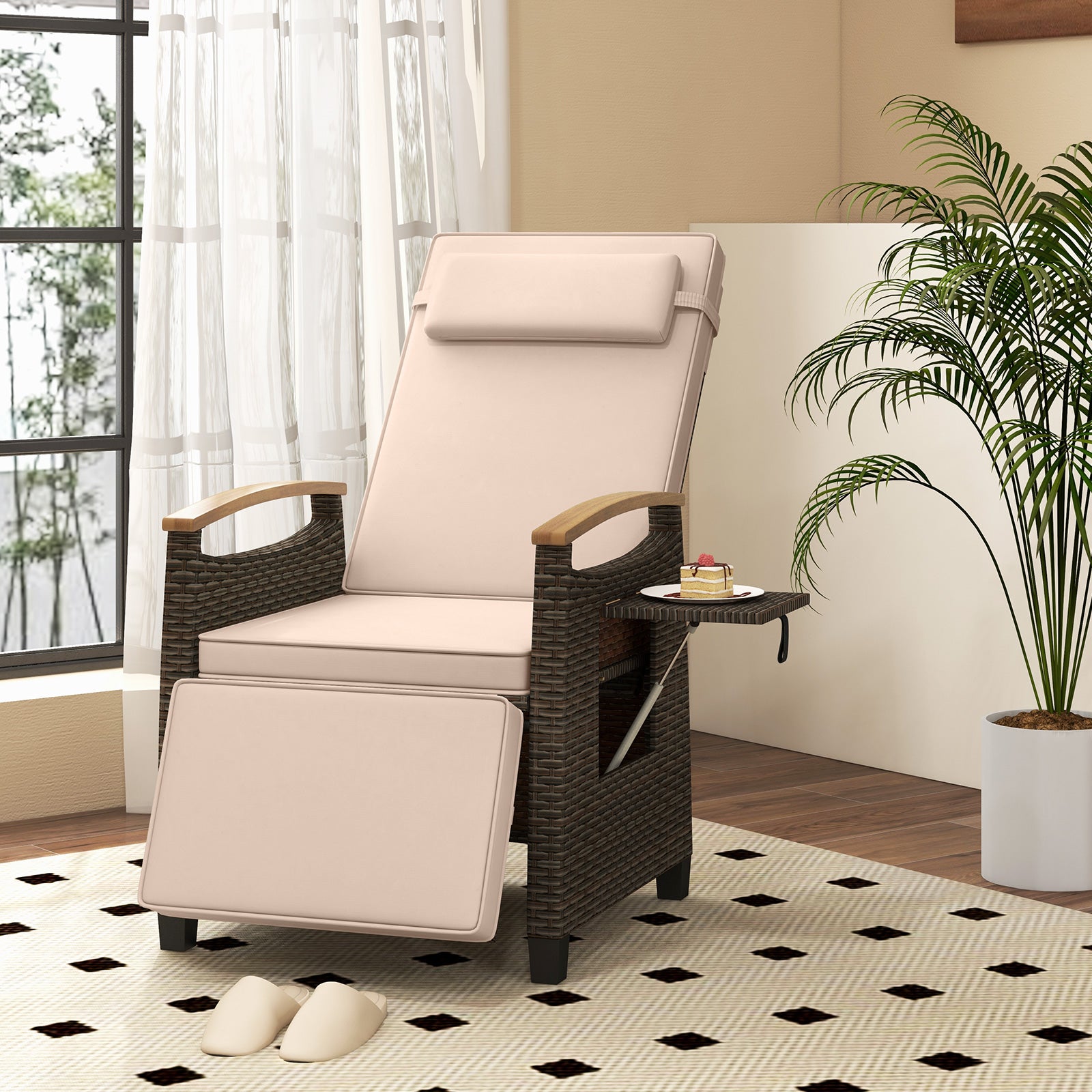 Patio Wicker Recliner Chair with Adjustable Backrest and Footrest, Brown Outdoor Chaise Lounges at Gallery Canada