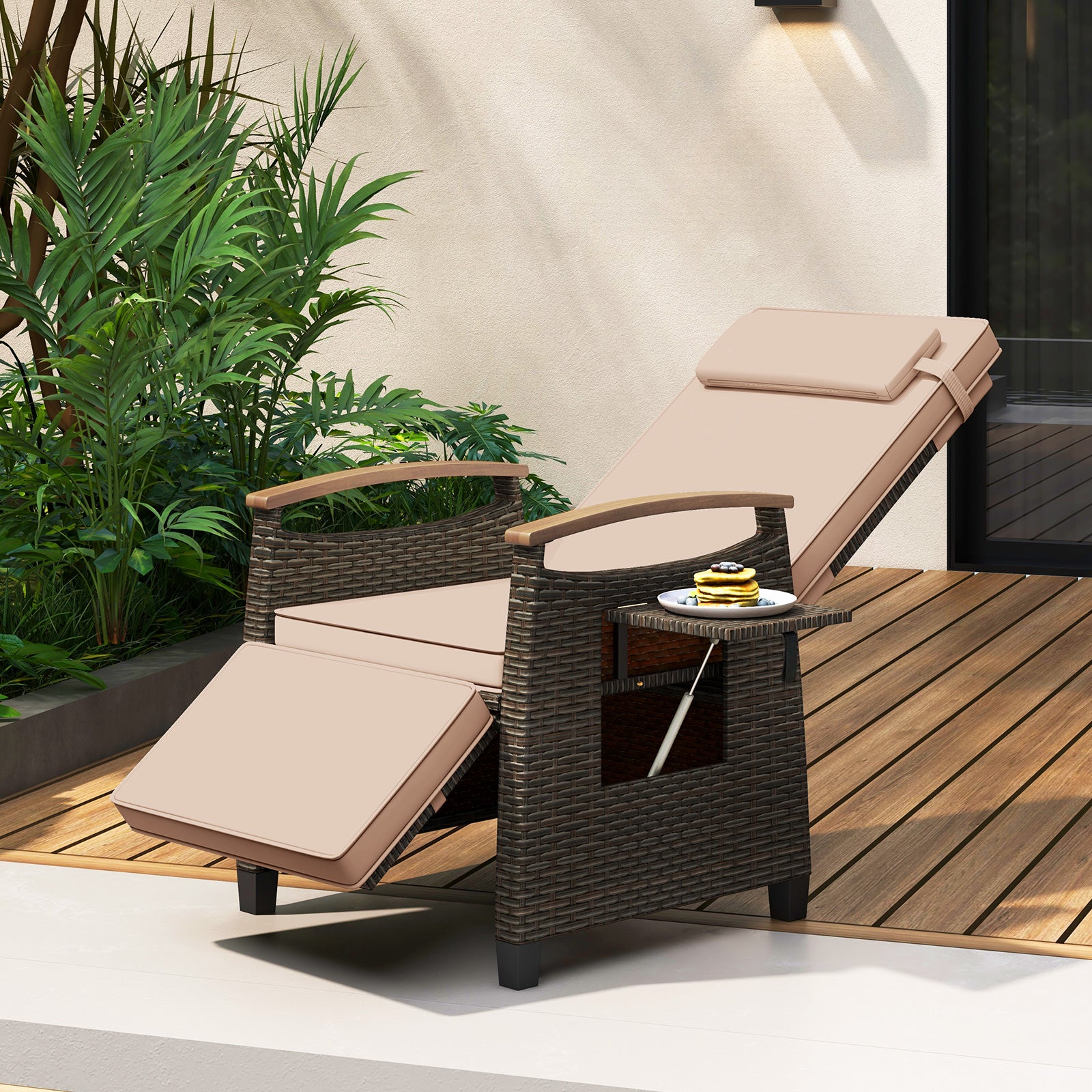 Patio Wicker Recliner Chair with Adjustable Backrest and Footrest, Brown Outdoor Chaise Lounges at Gallery Canada