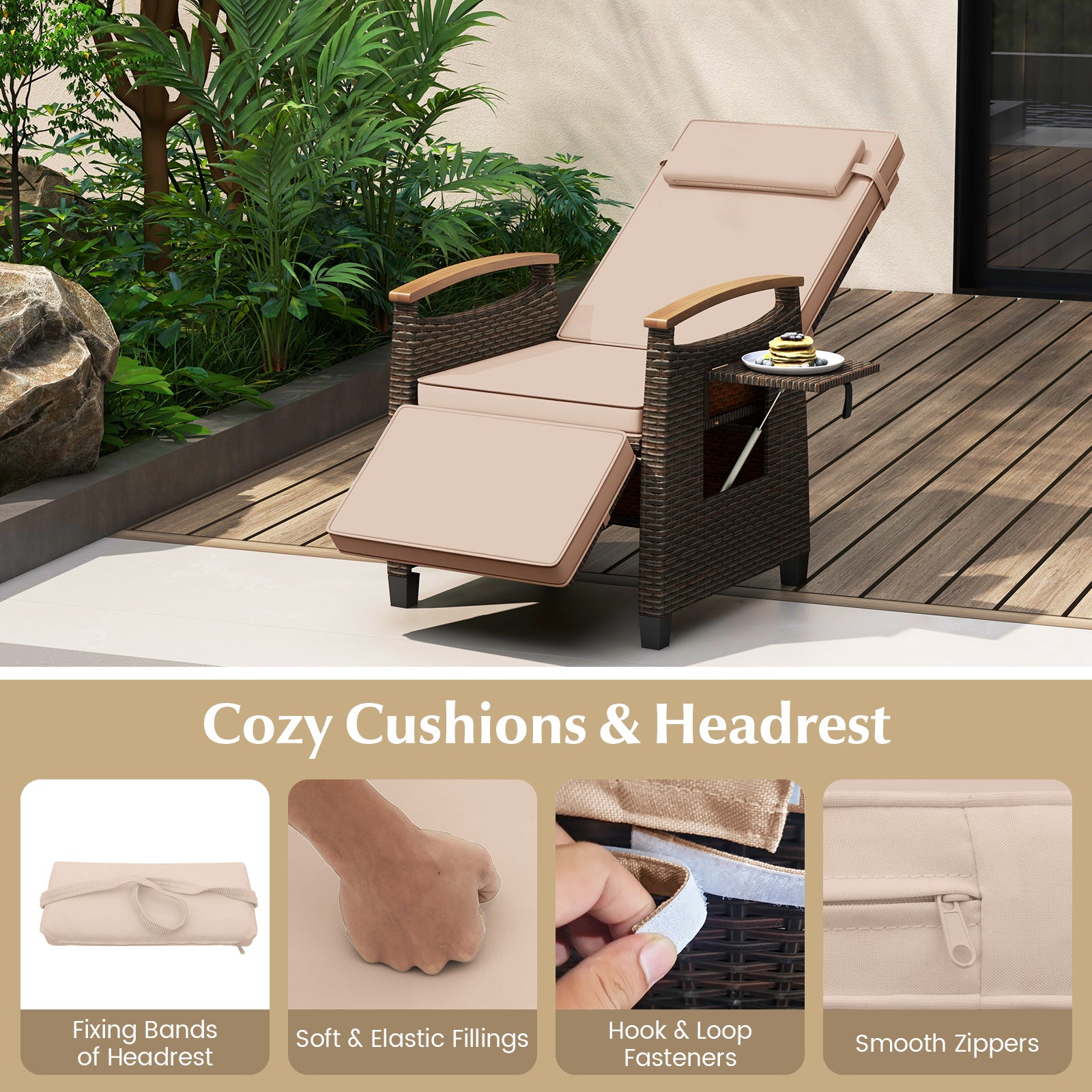 Patio Wicker Recliner Chair with Adjustable Backrest and Footrest, Brown Outdoor Chaise Lounges at Gallery Canada