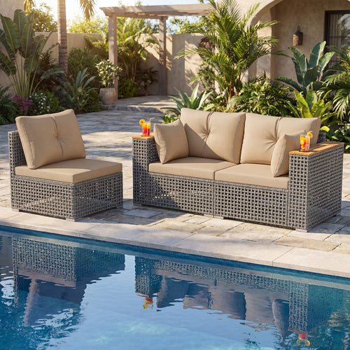 Patio Wicker Sectional Set, Armless & Corner Sofas, Beige