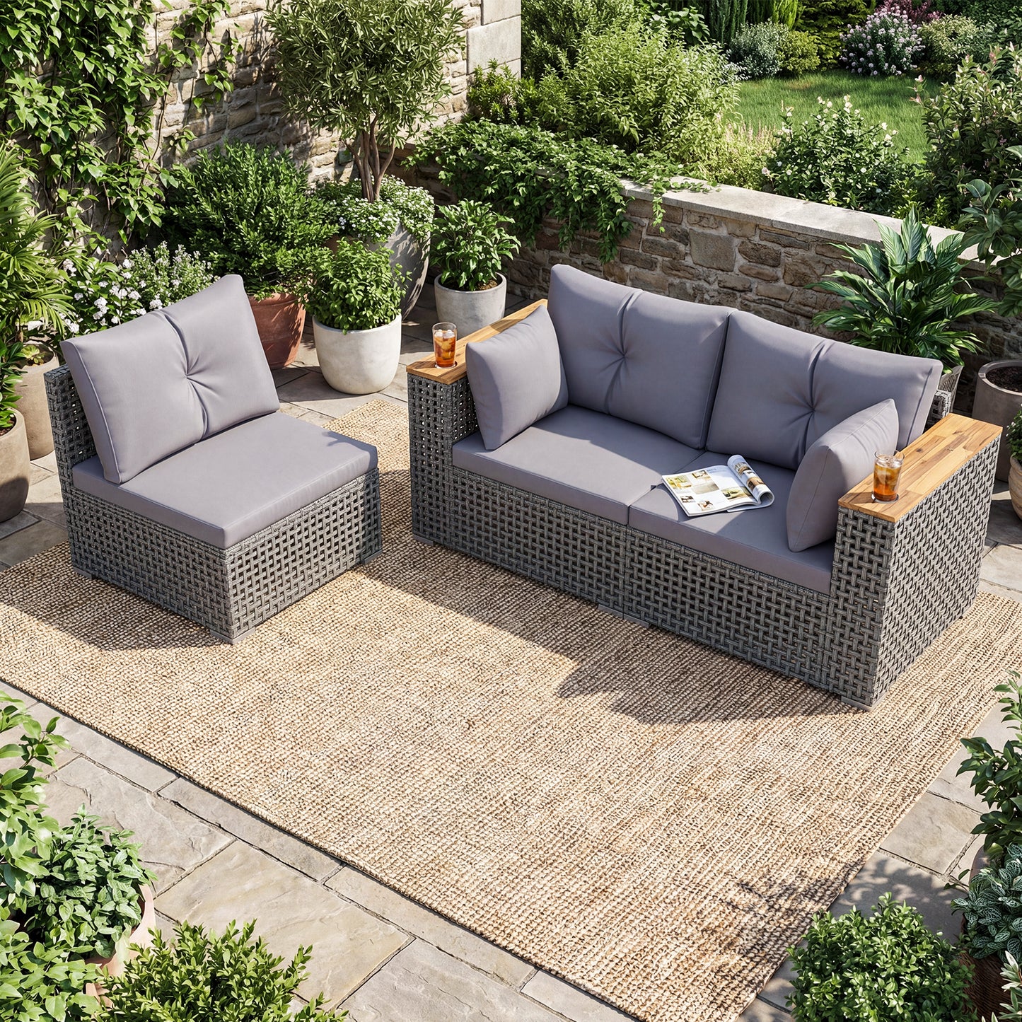 Wicker Sectional Set, 1 Armless and 2 Corner Sofas, Gray Outdoor Sectionals at Gallery Canada