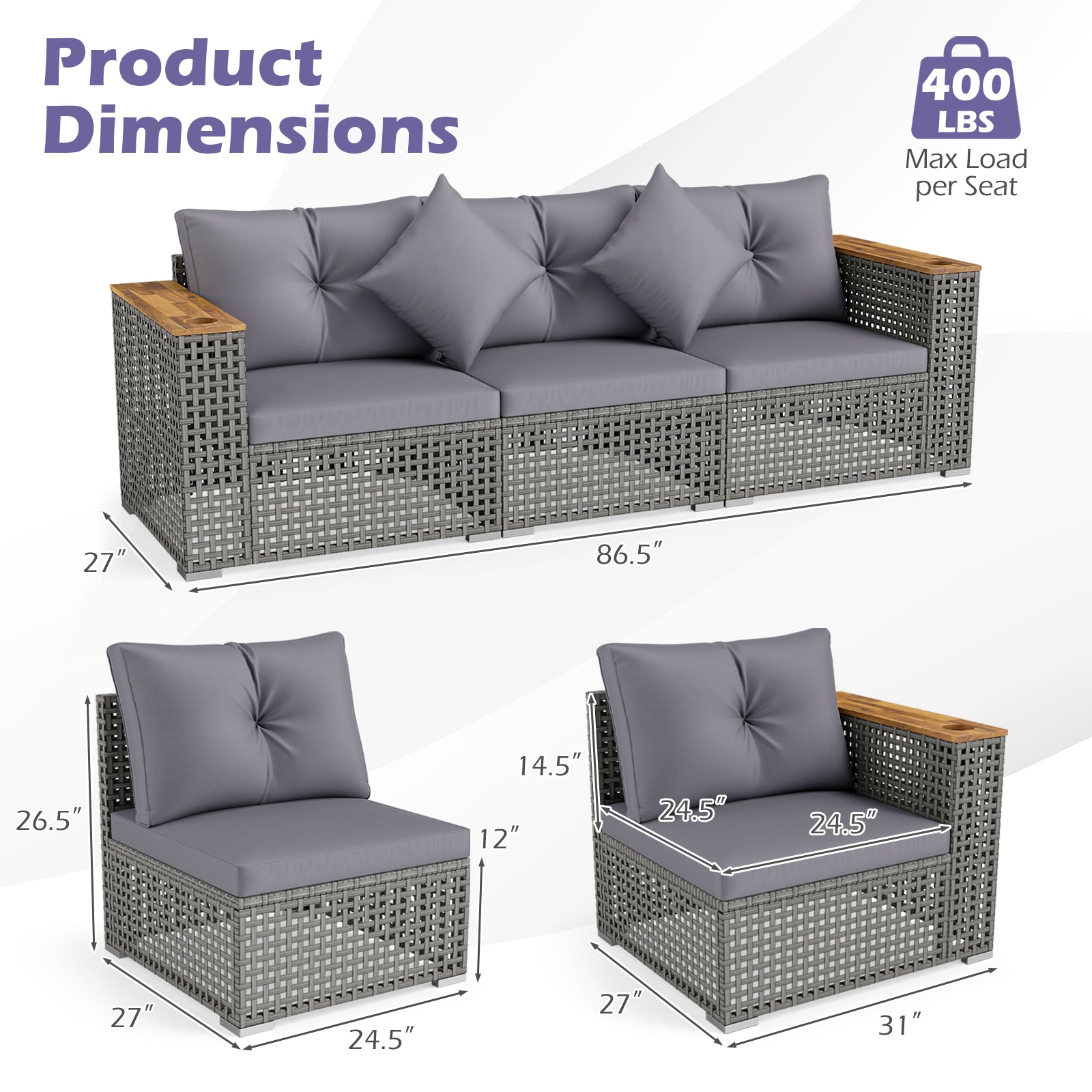 Wicker Sectional Set, 1 Armless and 2 Corner Sofas, Gray Outdoor Sectionals at Gallery Canada