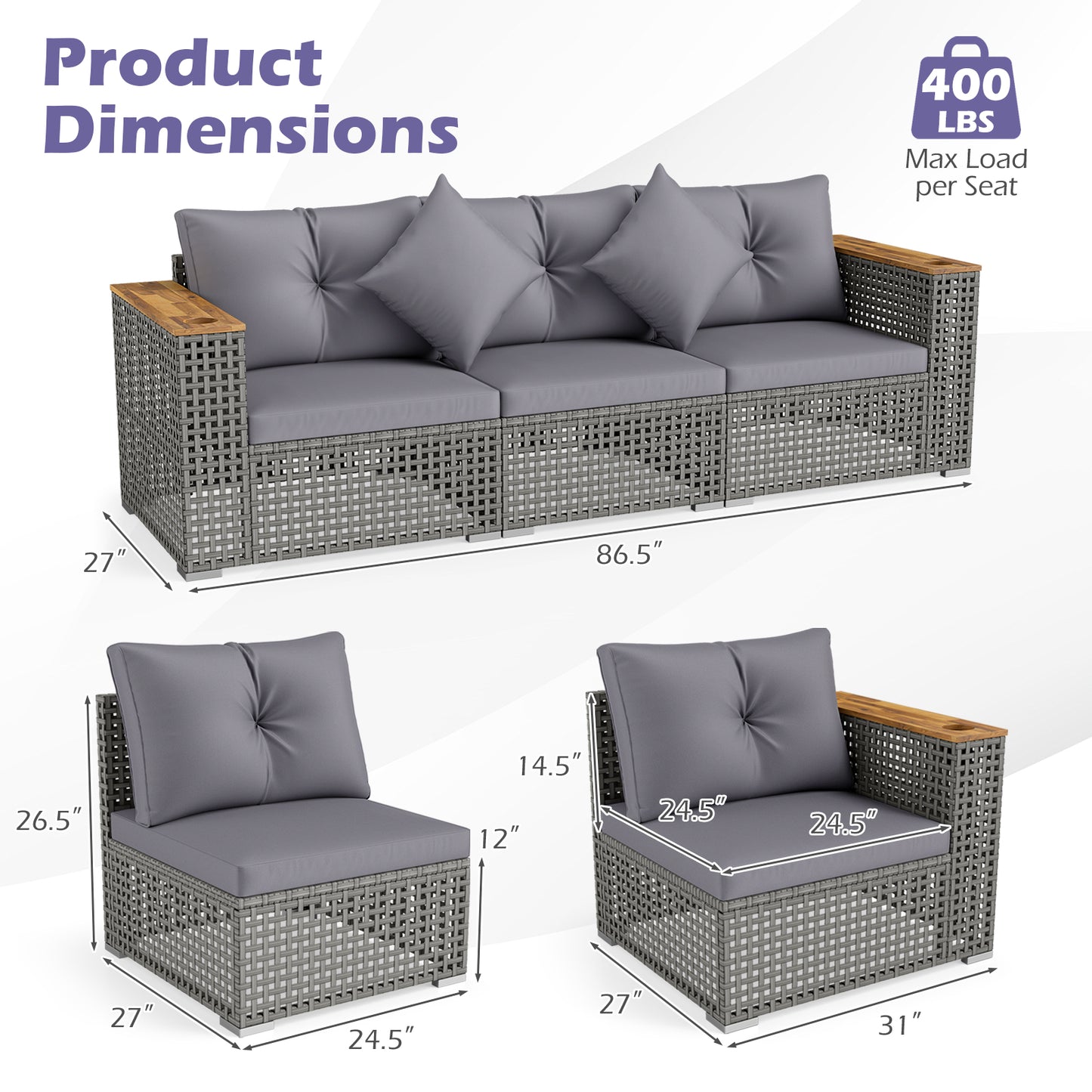 Wicker Sectional Set, 1 Armless and 2 Corner Sofas, Gray Outdoor Sectionals at Gallery Canada