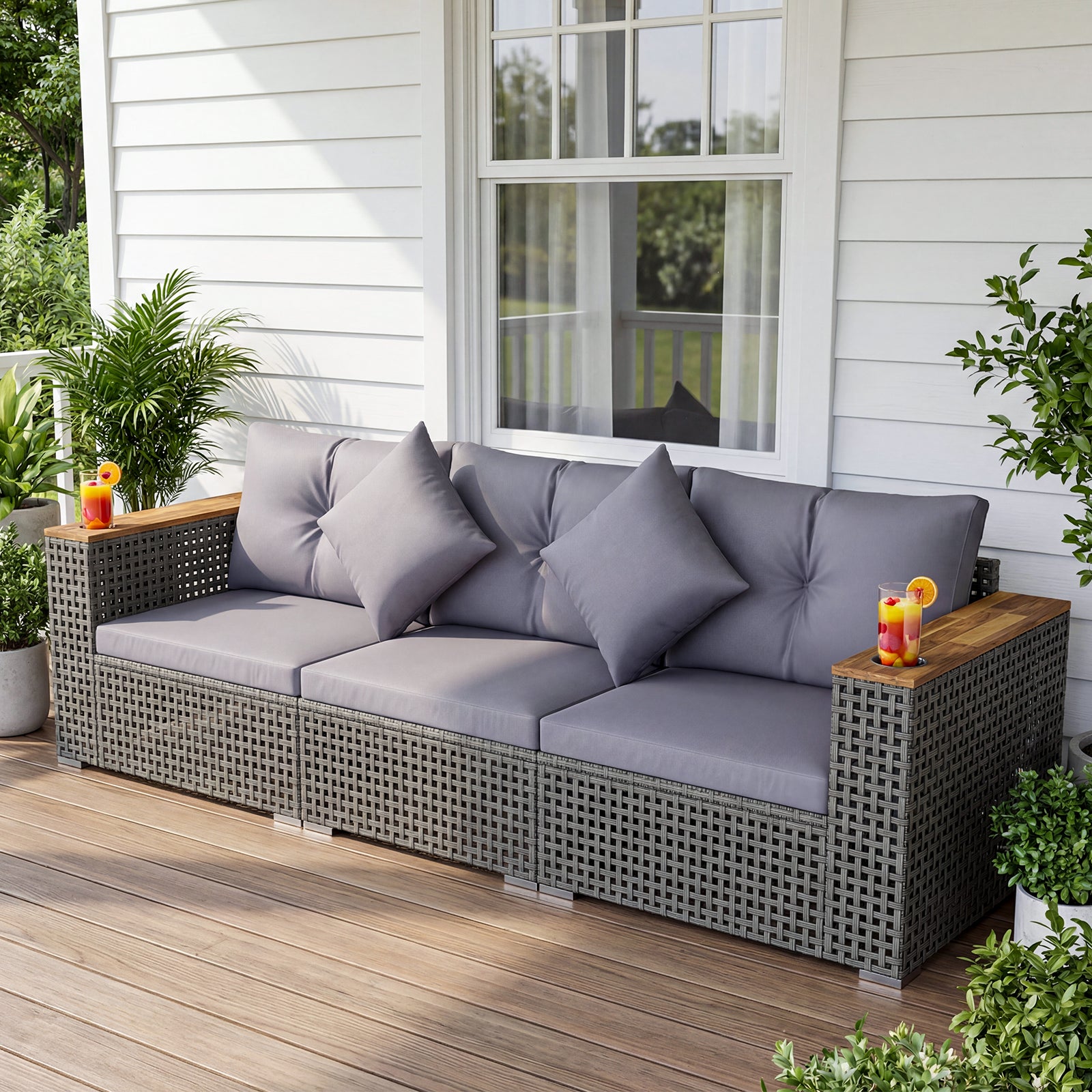 Wicker Sectional Set, 1 Armless and 2 Corner Sofas, Gray Outdoor Sectionals at Gallery Canada