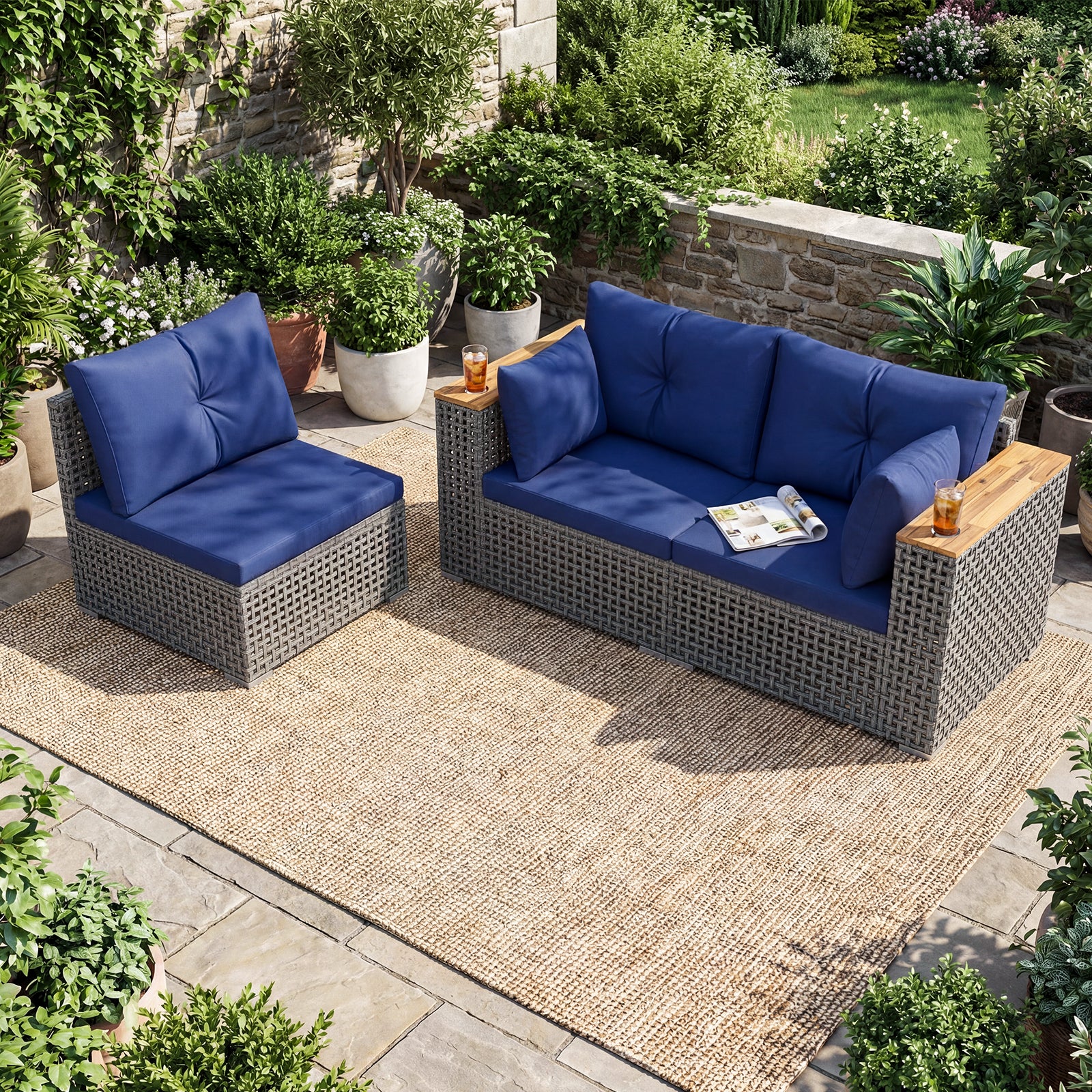 Patio Wicker Sectional Set, 1 Armless 2 Corner Sofas, Navy Outdoor Sectionals at Gallery Canada