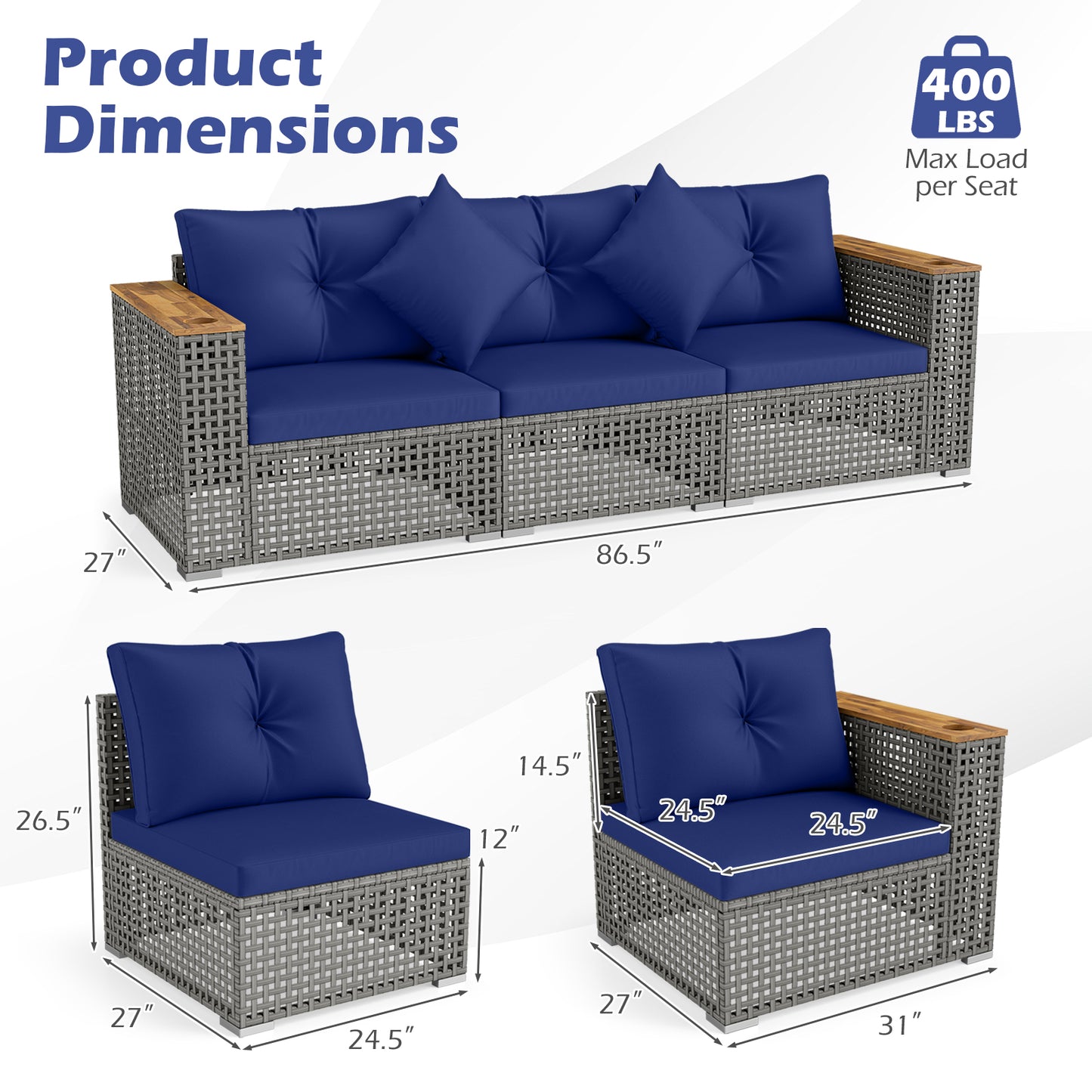 Patio Wicker Sectional Set, 1 Armless 2 Corner Sofas, Navy Outdoor Sectionals at Gallery Canada