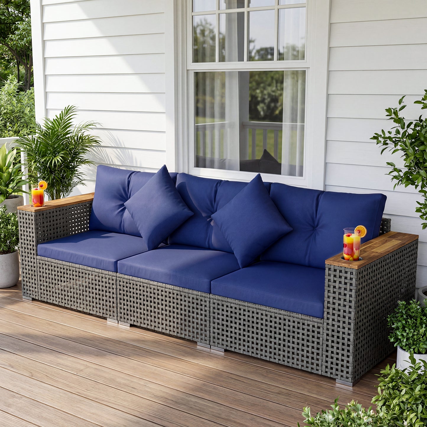 Patio Wicker Sectional Set, 1 Armless 2 Corner Sofas, Navy Outdoor Sectionals at Gallery Canada