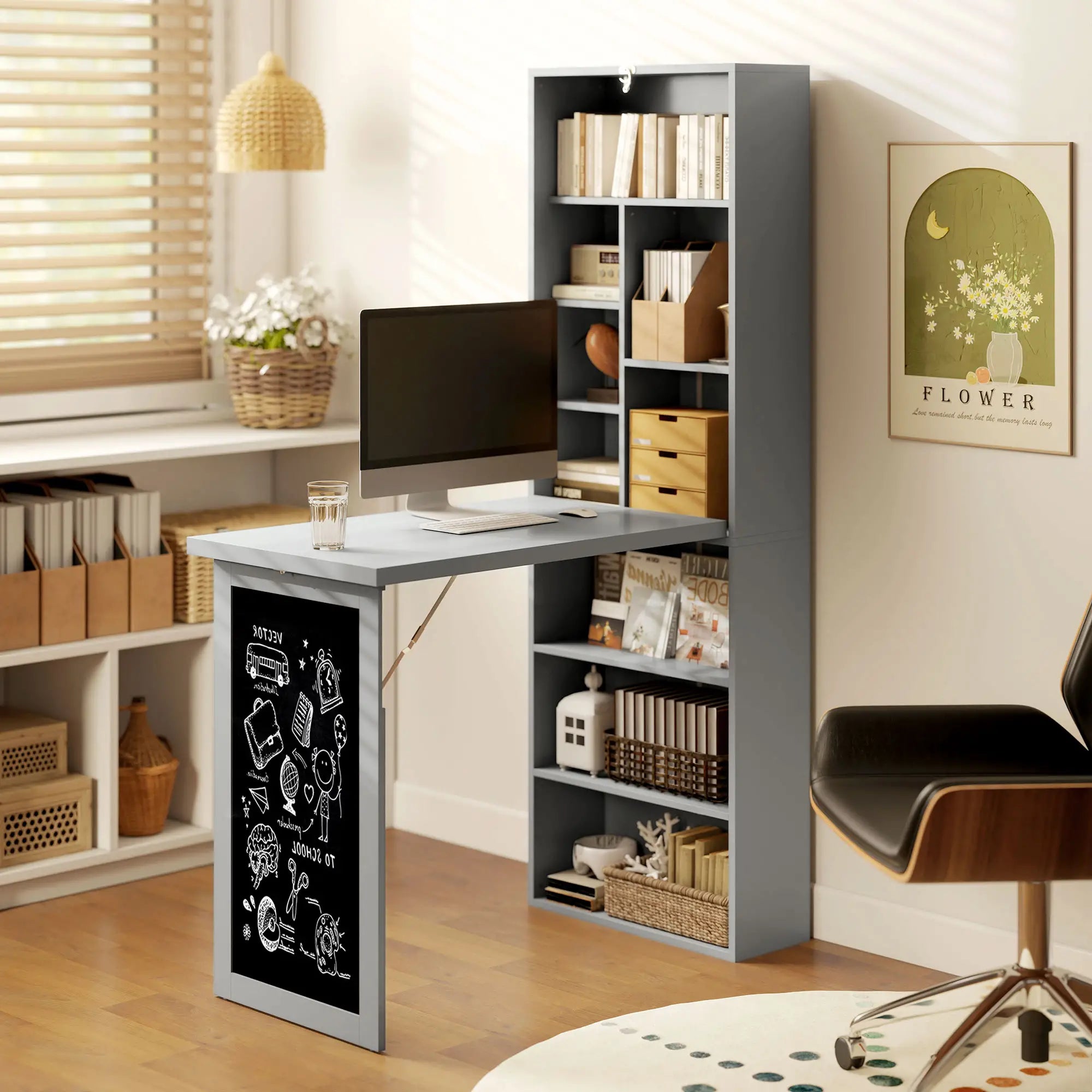 Fold-Out Convertible Office Desk, Wall Mount, Blackboard, Shelf, Charcoal Grey Computer Desks at Gallery Canada