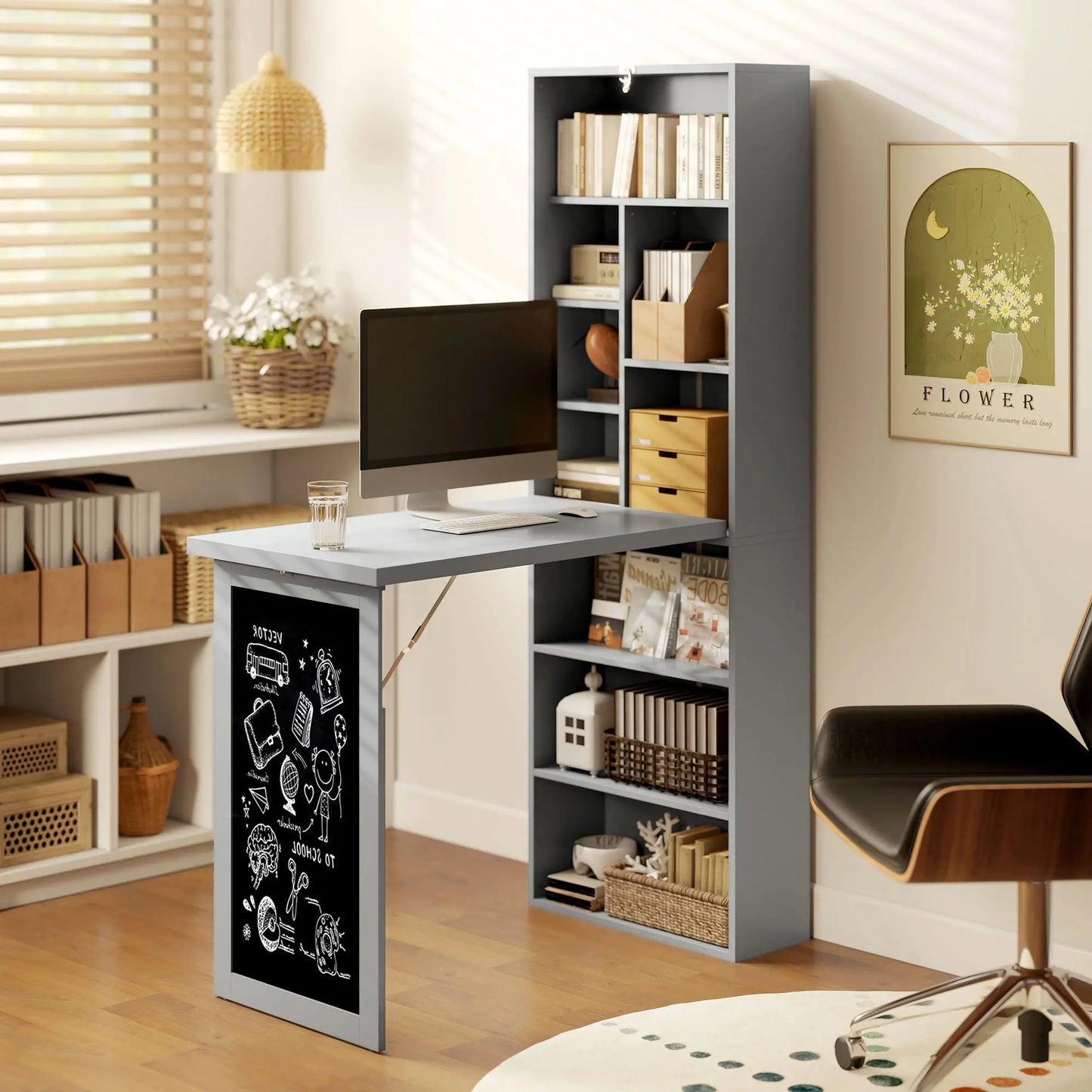 Fold-Out Convertible Office Desk, Wall Mount, Blackboard, Shelf, Charcoal Grey Computer Desks at Gallery Canada