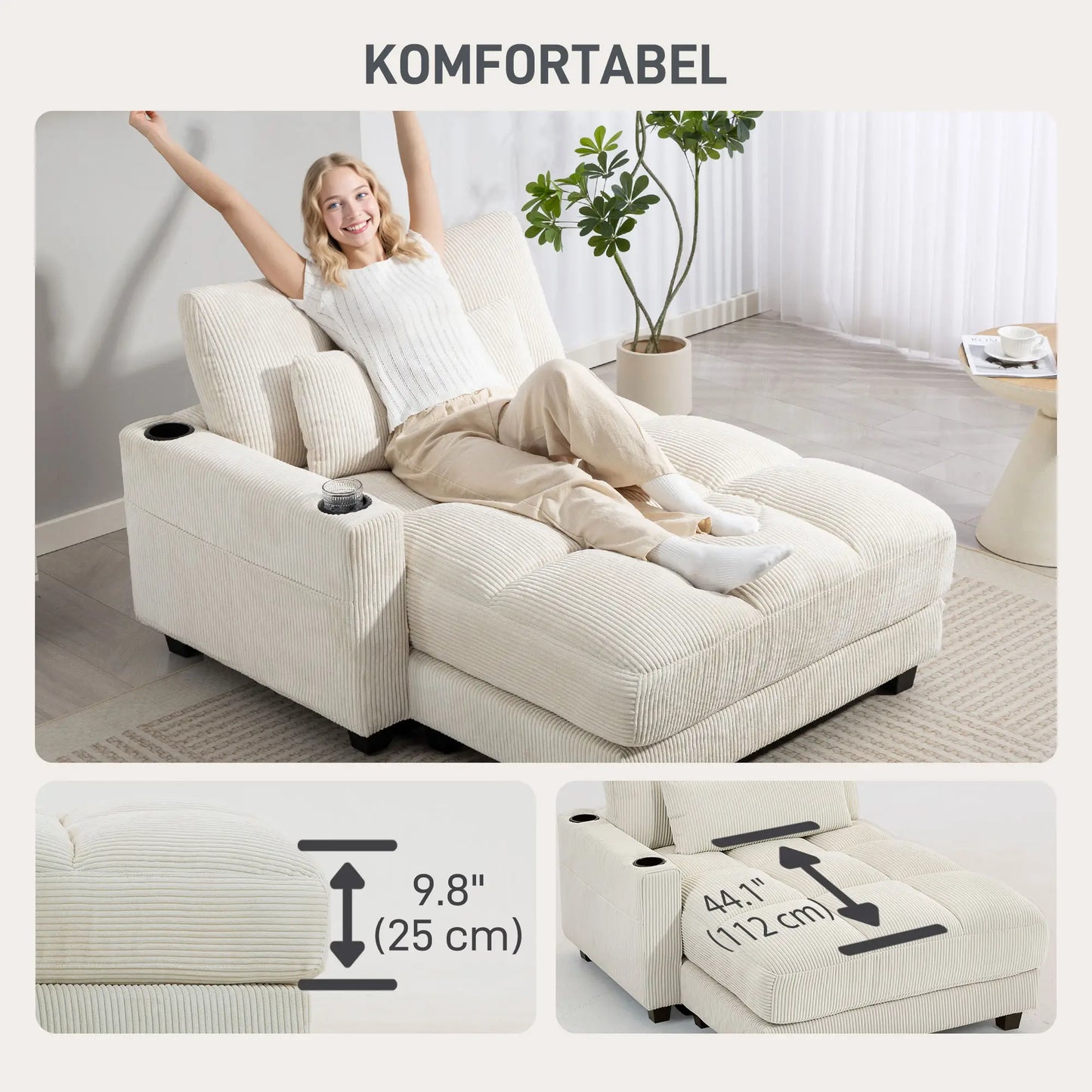58" Corduroy Canapé Relax Lit Avec Porte-gobelets, Blanc Crème