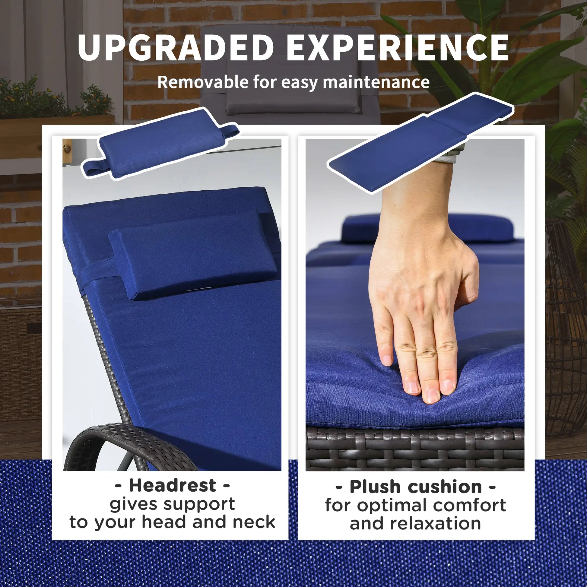 Outdoor Lounger, Deck Chair with Headrest, 5-Level Adjustable, Deep Coffee, Navy Blue Chaise Loungers at Gallery Canada