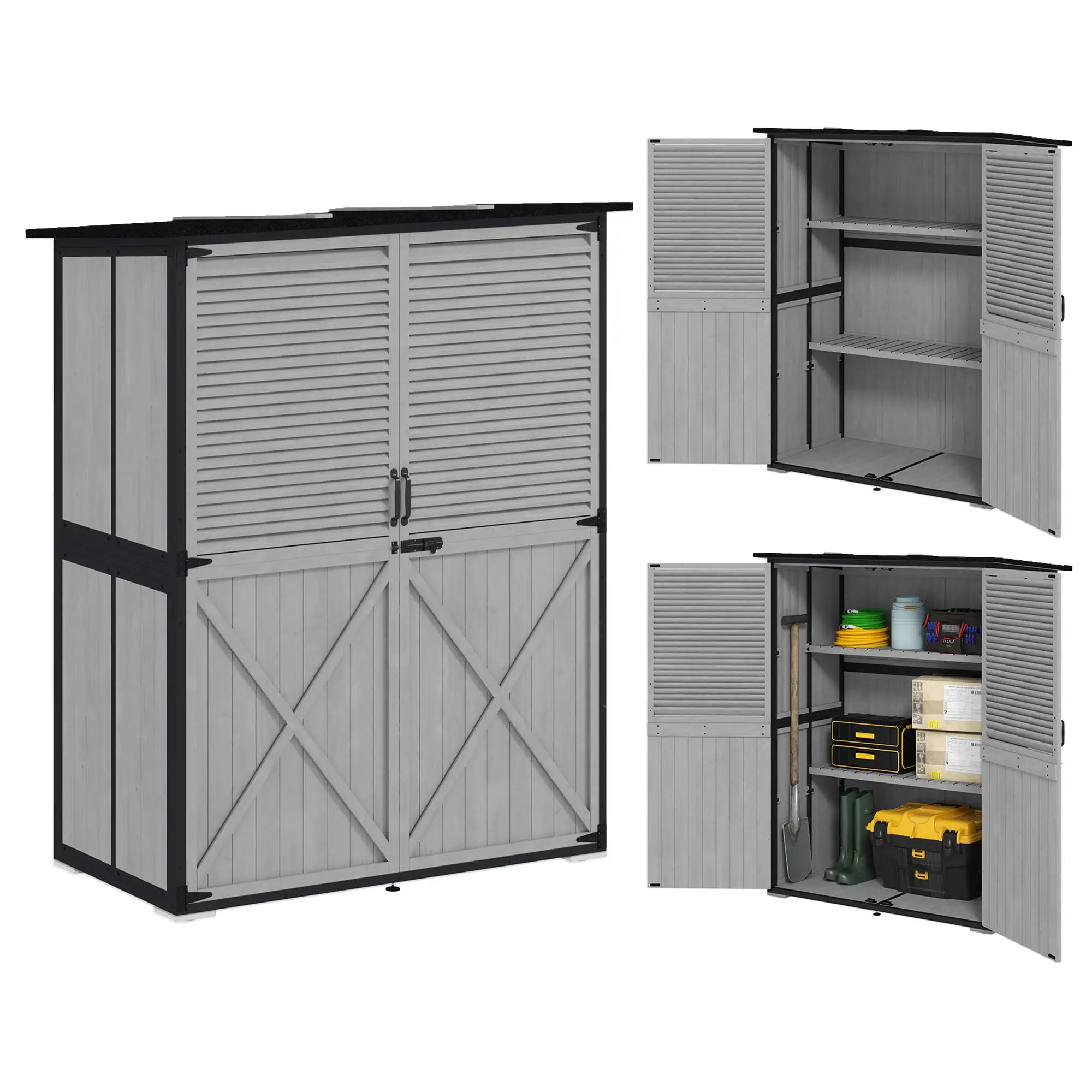 Outdoor Storage Cabinet, Wood Garden Shed, Steel Frame, Asphalt Roof, 2 Shelves, Lockable Doors, Grey Sheds at Gallery Canada