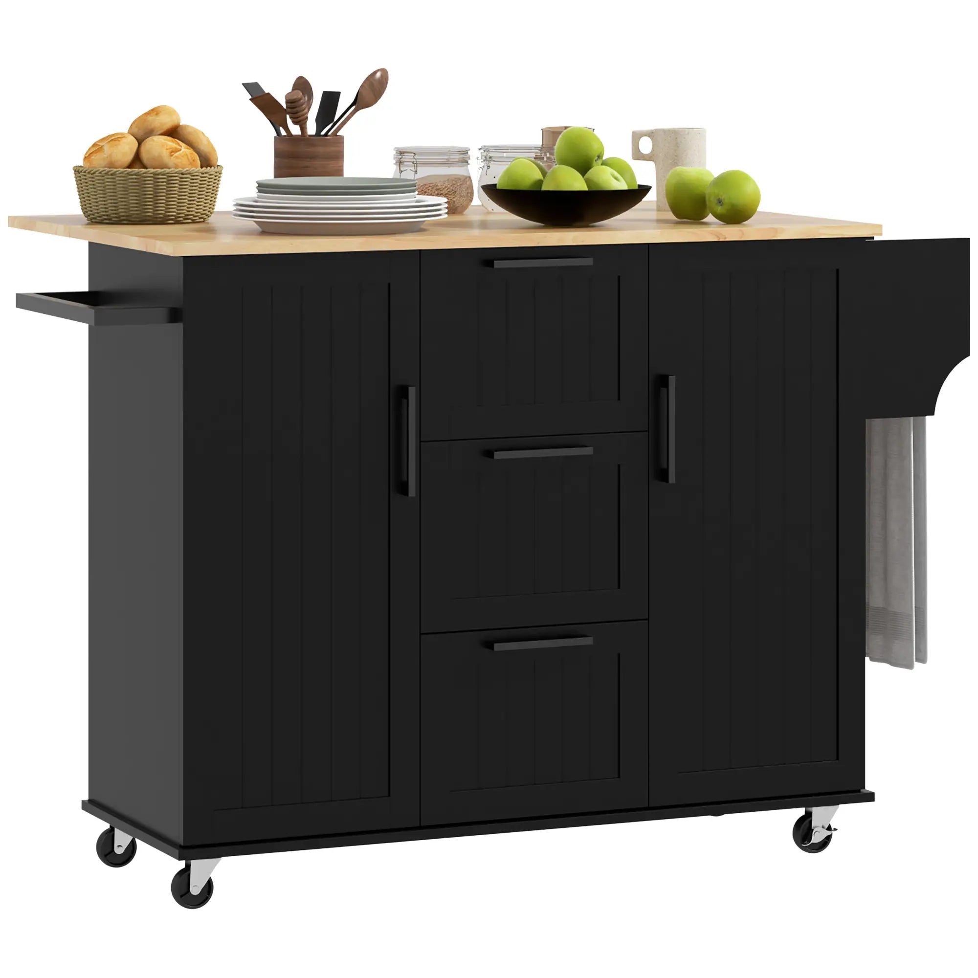 Rolling Kitchen Cart, Drop Leaf, 3 Drawers, Solid Wood Top, Towel Rack, Black Kitchen Islands & Kitchen Carts at Gallery Canada