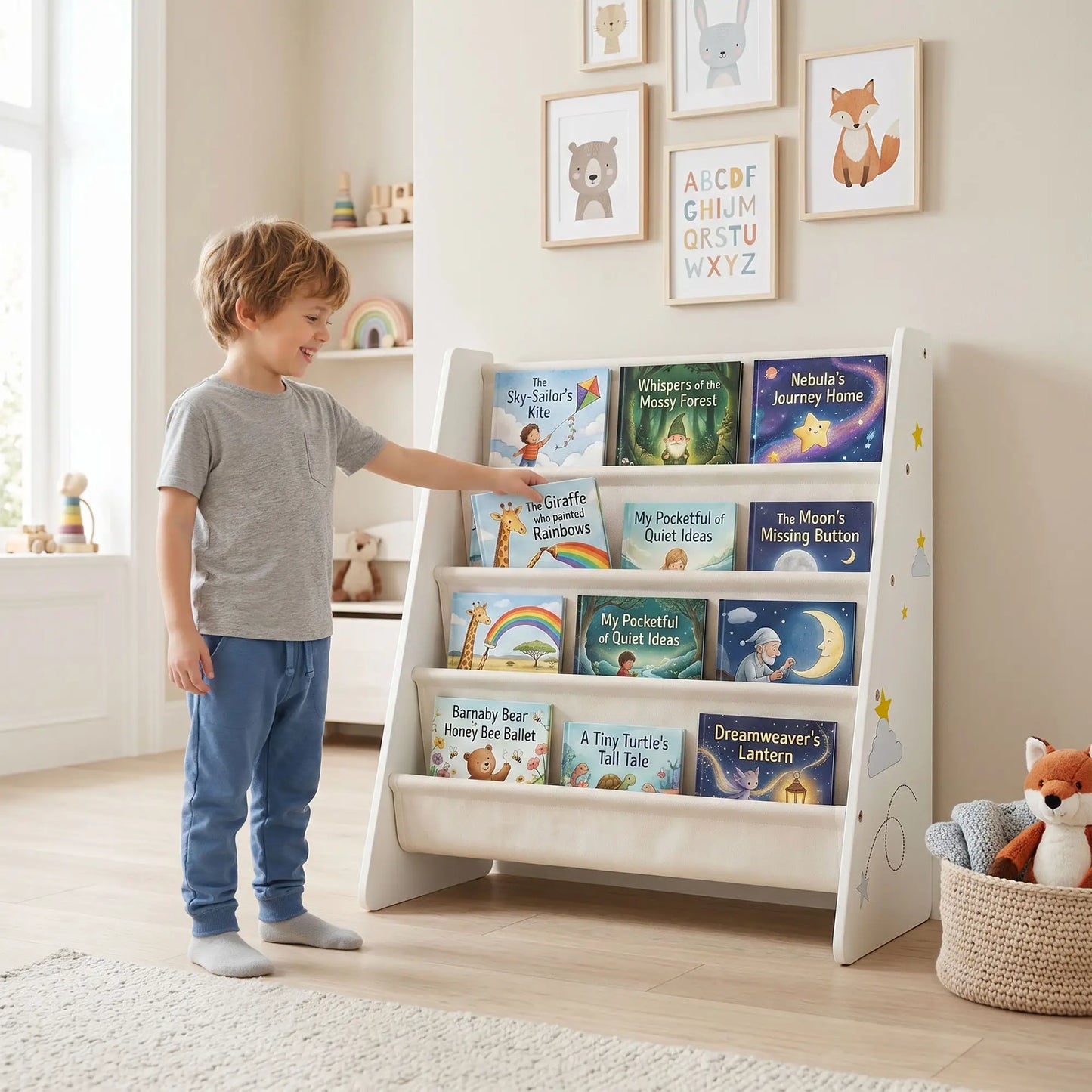 Fabric Kids Bookshelf, 4-Tier Toddler Sling Book Rack, White
