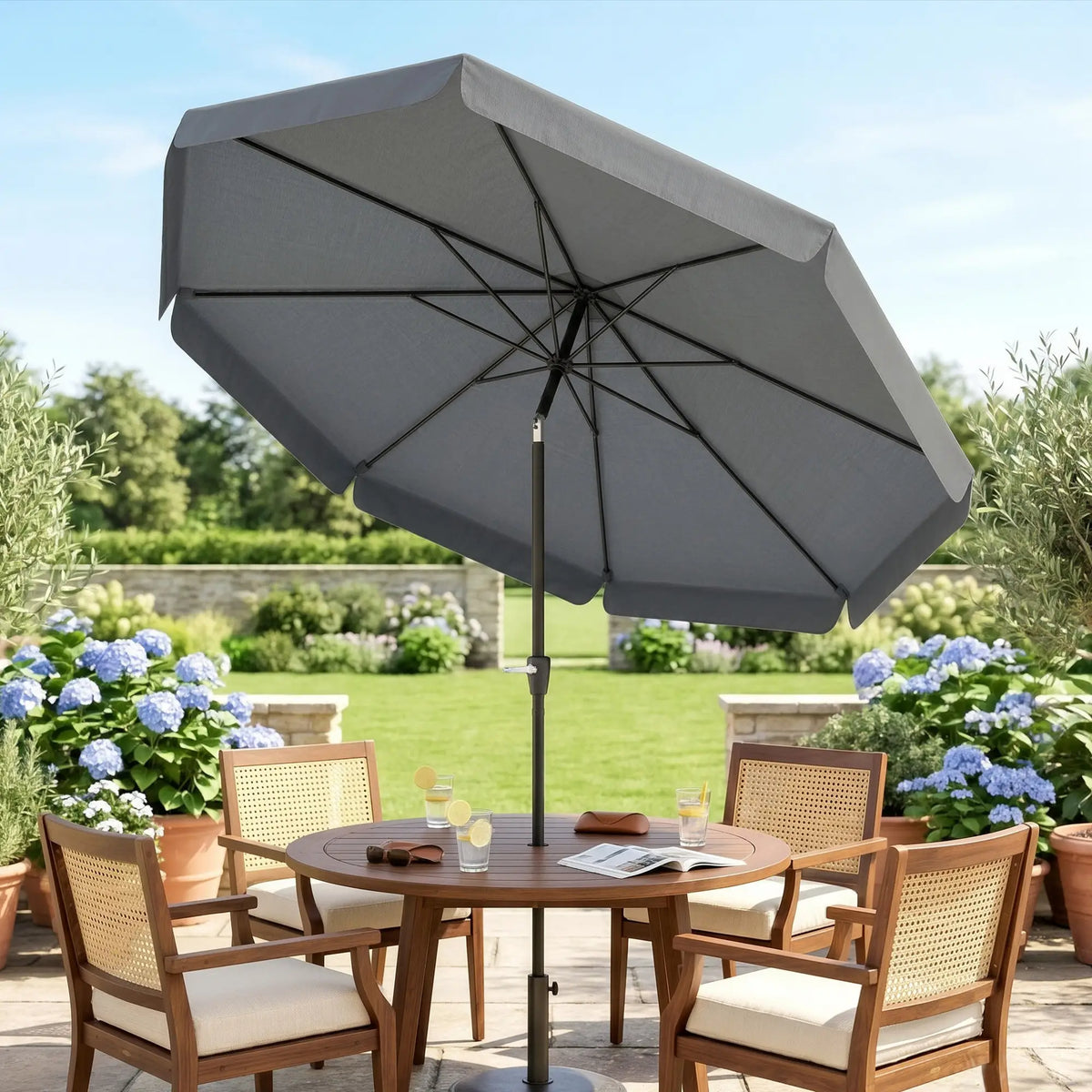 8.5 ft Round Patio Umbrella, Tilt and Crank, Dark Grey Sun Umbrellas at Gallery Canada
