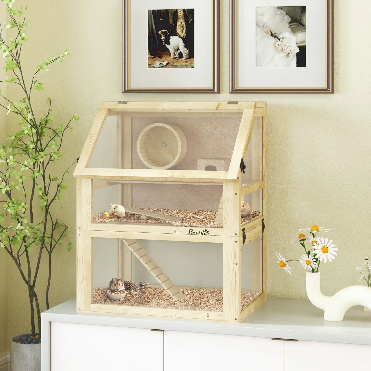 Wooden Hamster Cage, 3 Tier Gerbil Cage, 24" x 16" x 29.5", Hut, Seesaw, Wheel Hamster Cages at Gallery Canada