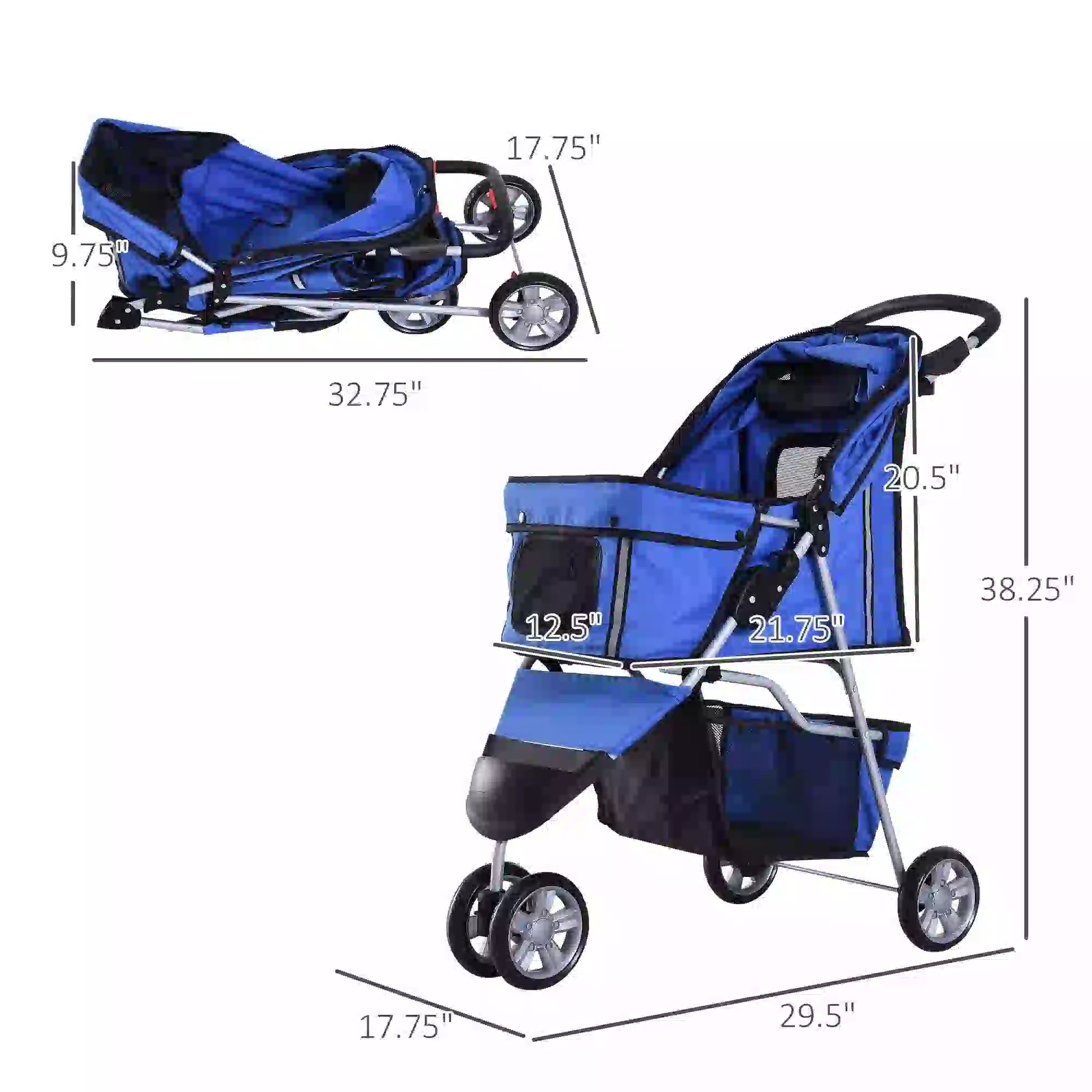 3 Wheel Foldable Dog Stroller, Storage Basket, Adjustable Canopy, Blue Dog Bike Trailers & Strollers at Gallery Canada