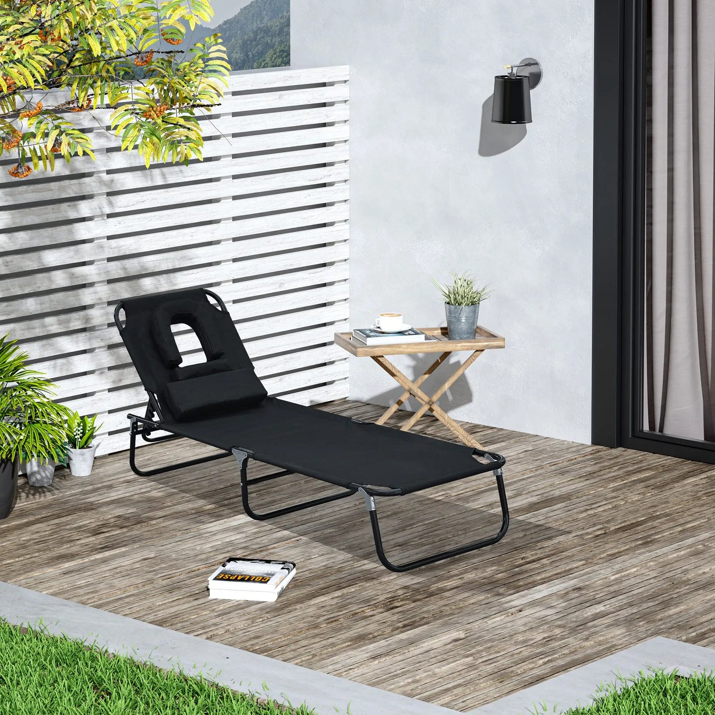Folding Outdoor Lounge Chair, Reclining Beach Lounger, 4-Position Adjustable, Black Lounger Chairs at Gallery Canada