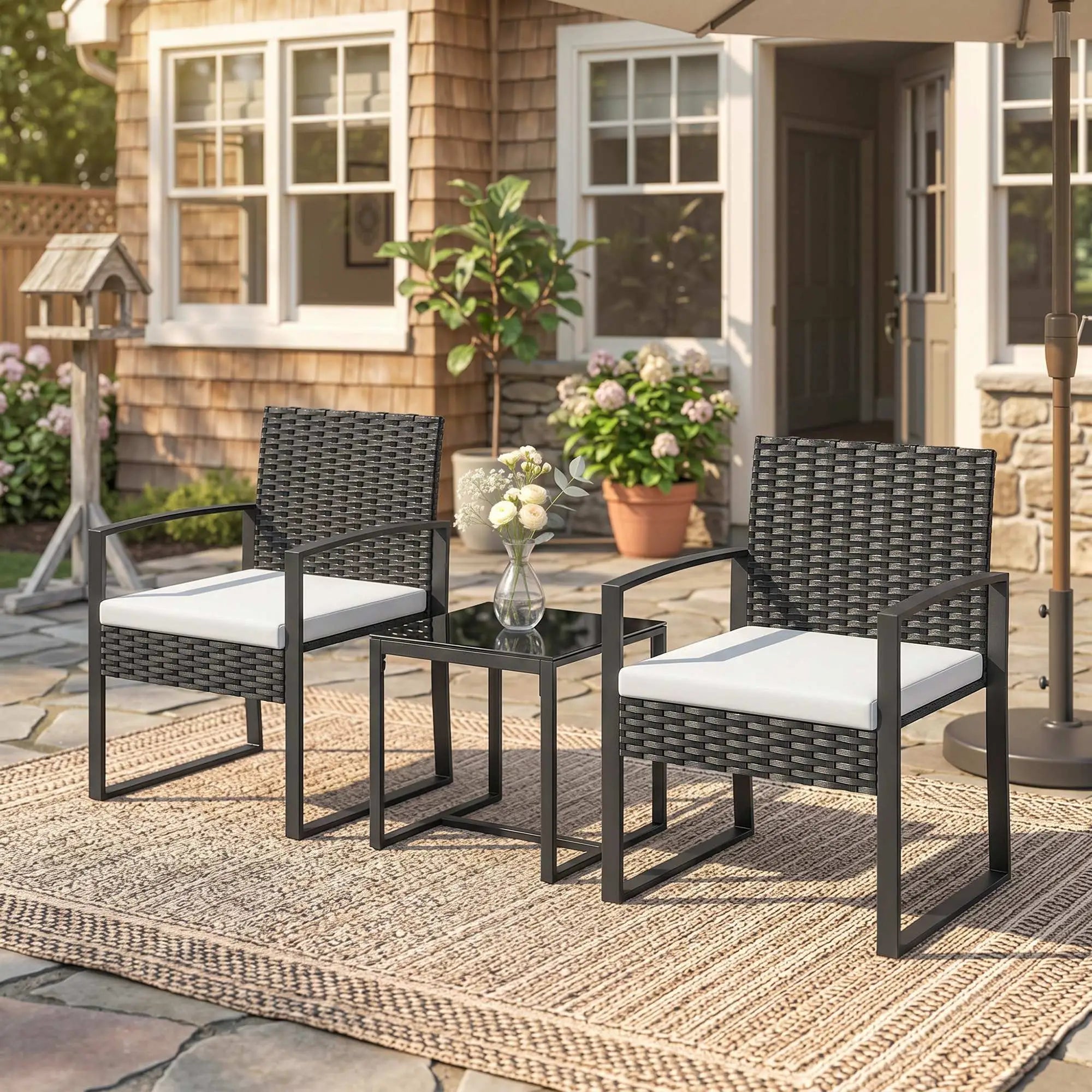 3 Piece Wicker Patio Set, Glass Top Table With Cushions, Cream White Bistro Sets at Gallery Canada