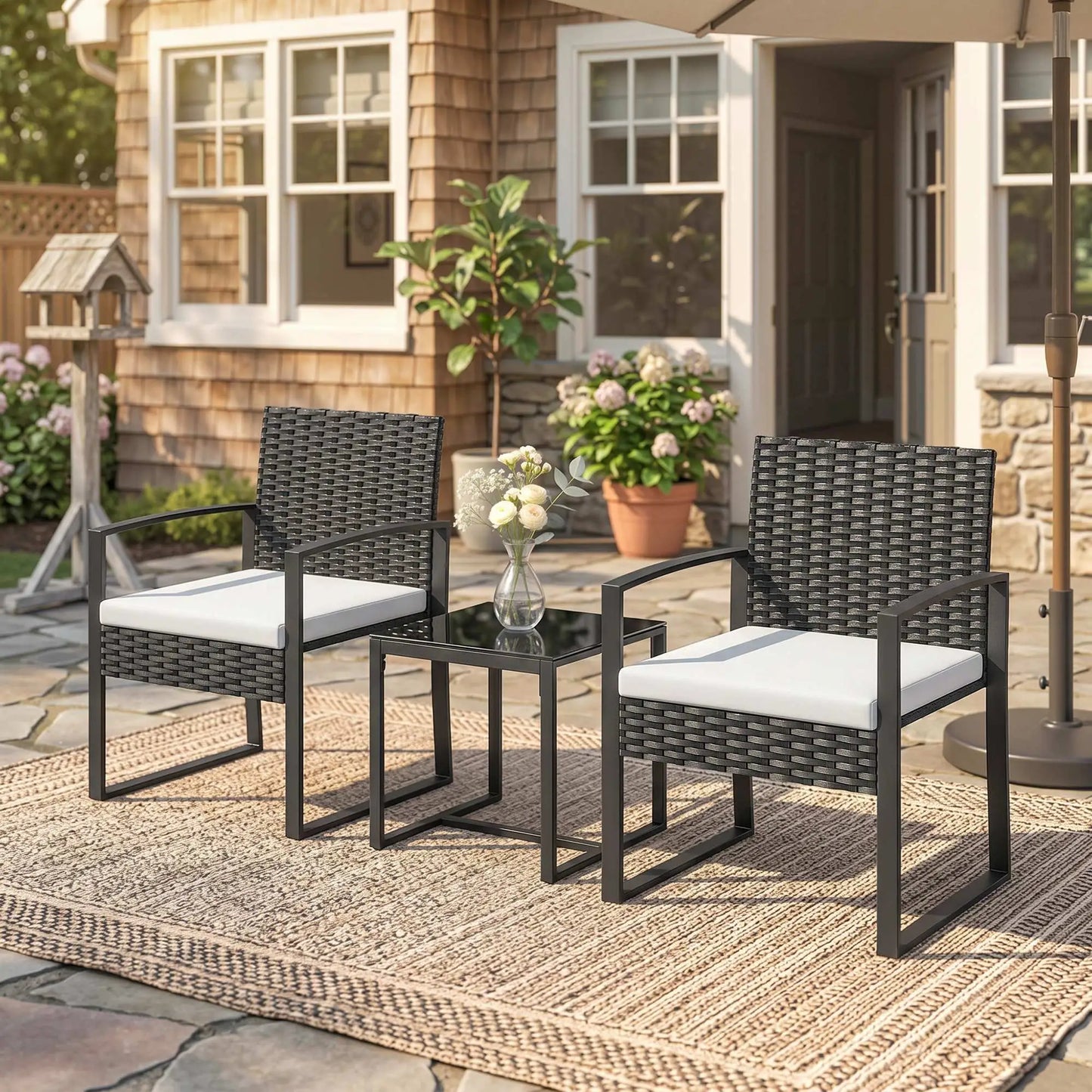 3 Piece Wicker Patio Set, Glass Top Table With Cushions, Cream White Bistro Sets at Gallery Canada