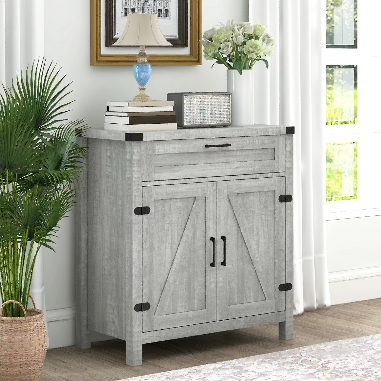 Farmhouse Kitchen Cabinet, Sideboard with 2 Barn Doors, Drawer, Grey Bar Cabinets at Gallery Canada