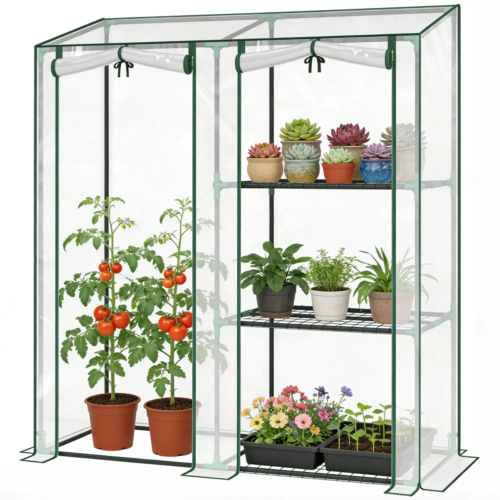 Mini Greenhouse, 3 Shelves, 2 Roll-Up Doors, 56.3