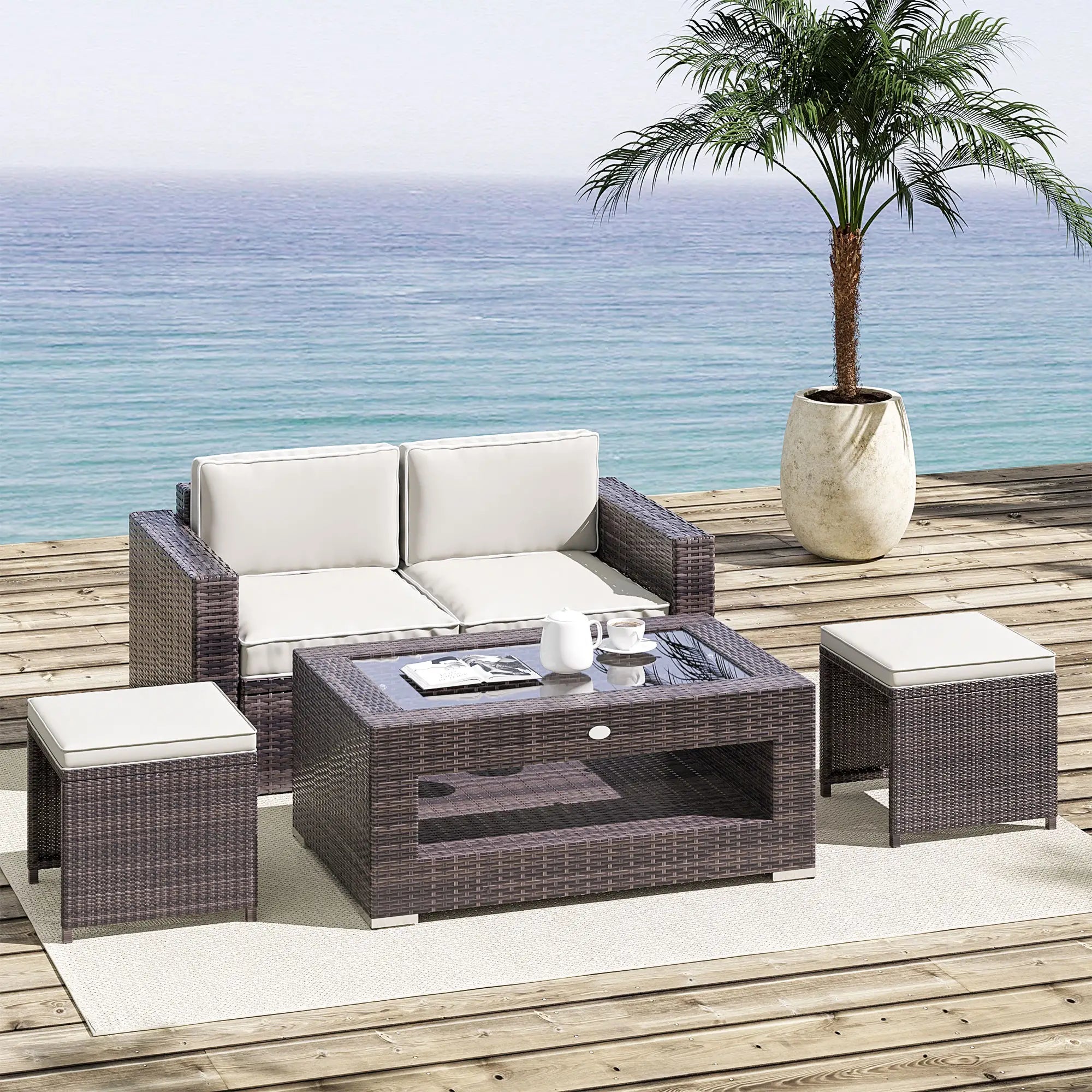 2-Tier Rattan Patio Coffee Table, PE Wicker, Tempered Glass Top, Storage Coffee Tables at Gallery Canada