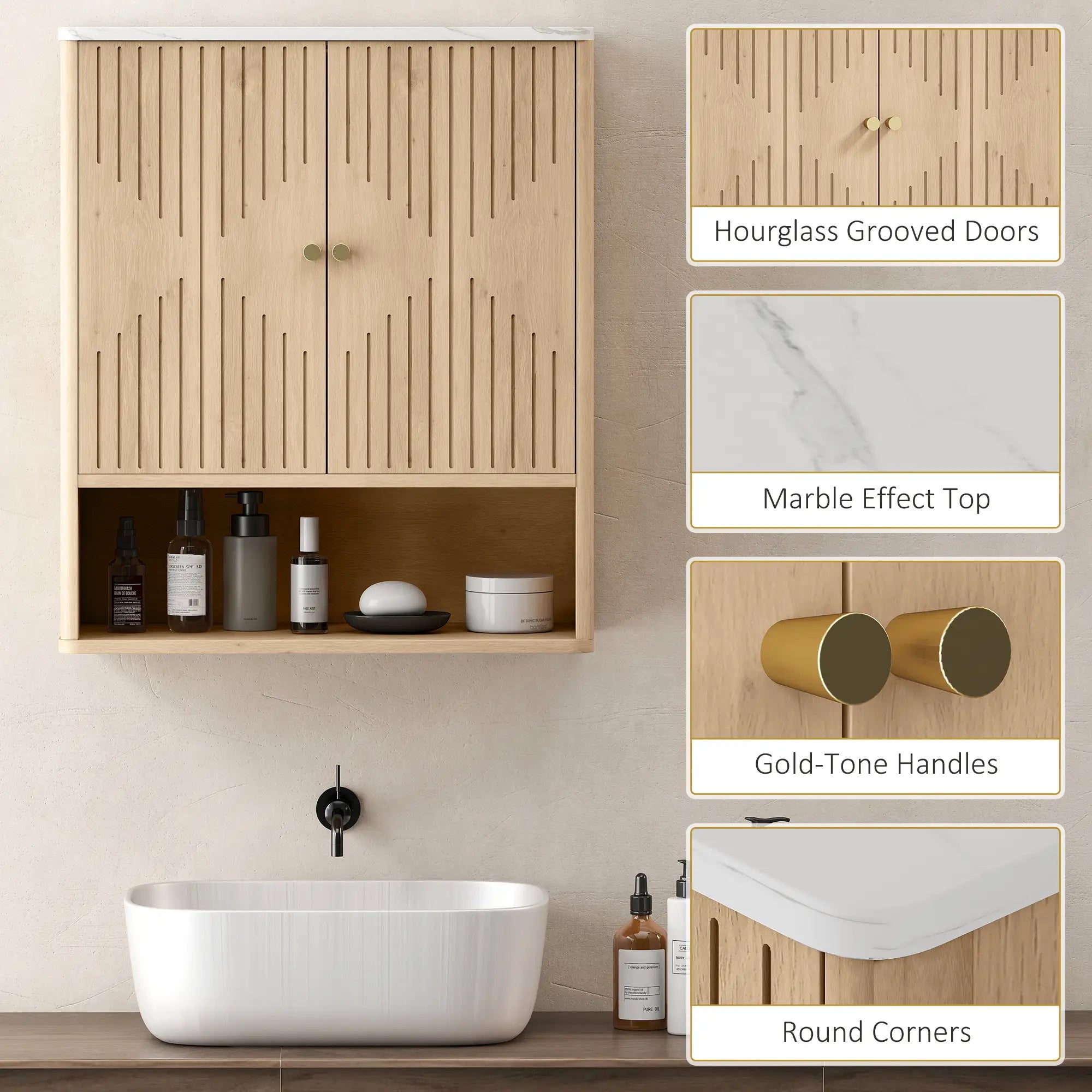 Wall Mounted Medicine Cabinet, Adjustable Shelf, Oak, Marble Top Bathroom Cabinets at Gallery Canada