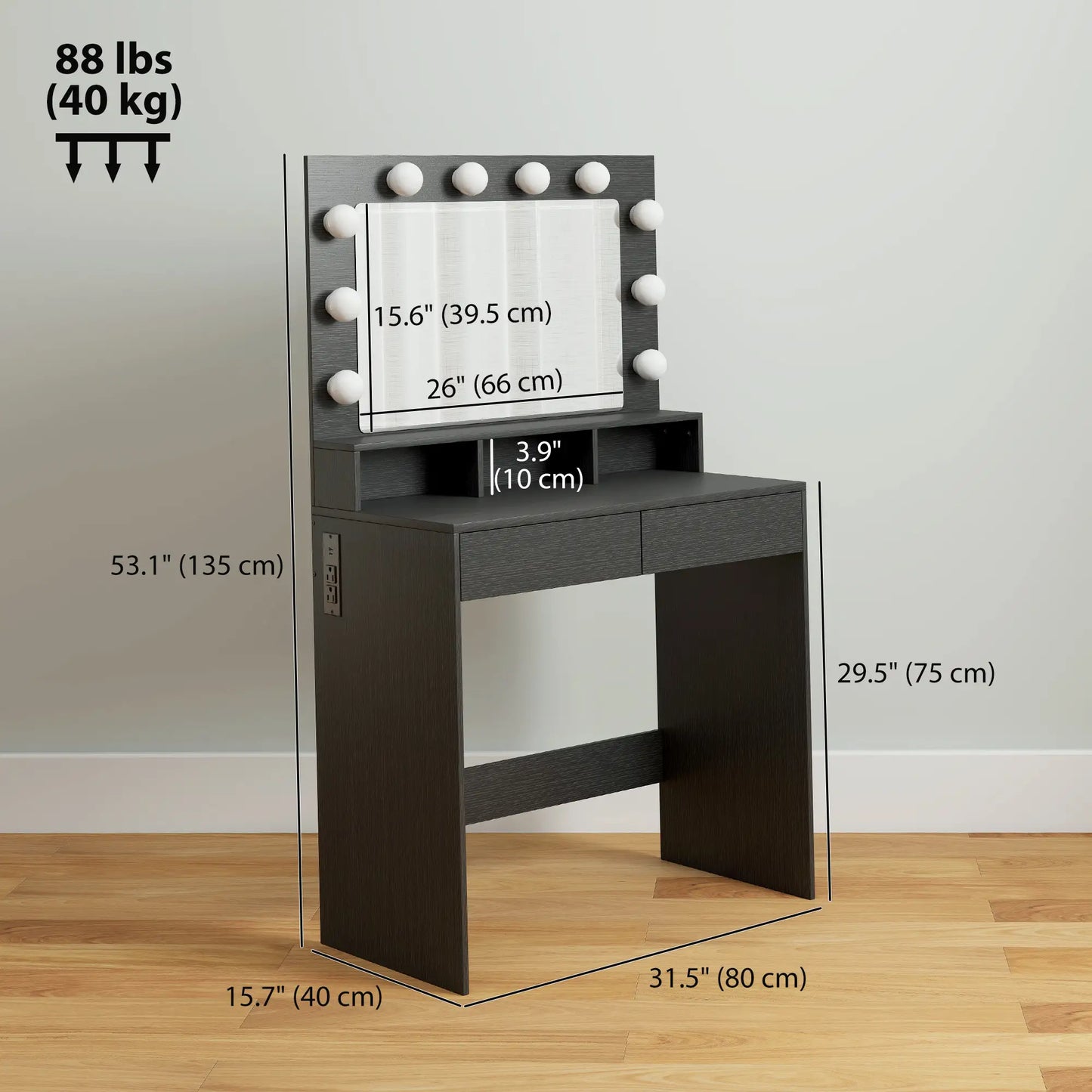 Vanity Table With LED Mirror, Charging Station, Drawers, Black Dressing & Vanity Tables at Gallery Canada