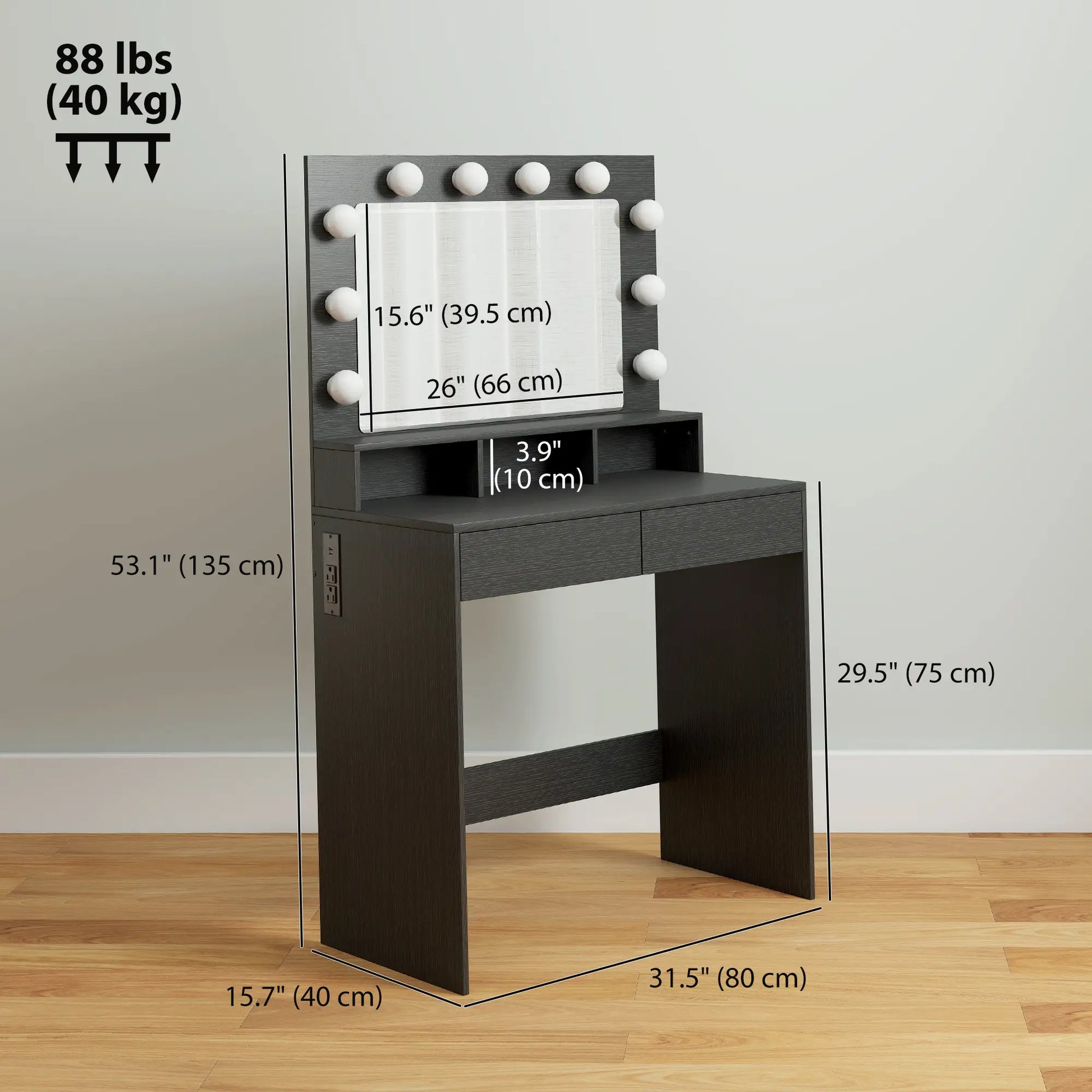 Vanity Table With LED Mirror, Charging Station, Drawers, Black Dressing & Vanity Tables at Gallery Canada