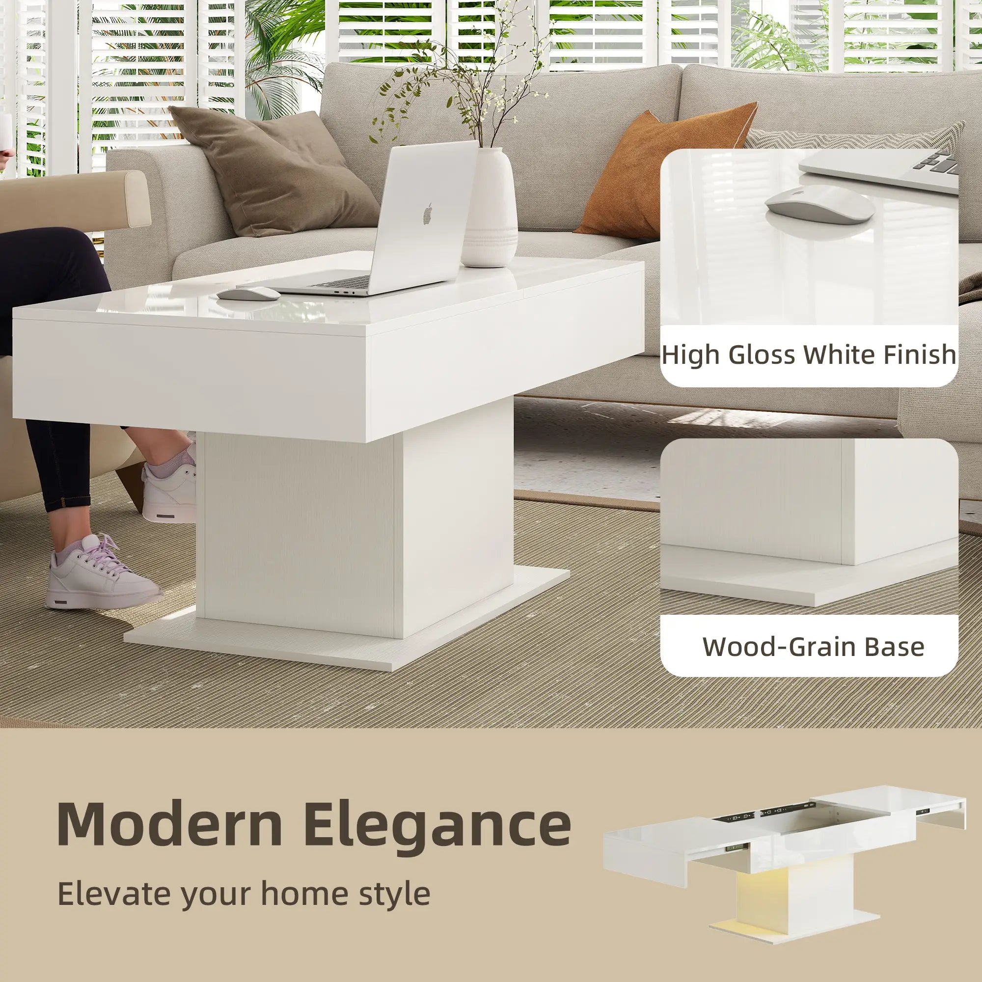 Extendable Coffee Table with LED Lights, Modern High Gloss Center Table with Hidden Storage, White Coffee Tables at Gallery Canada