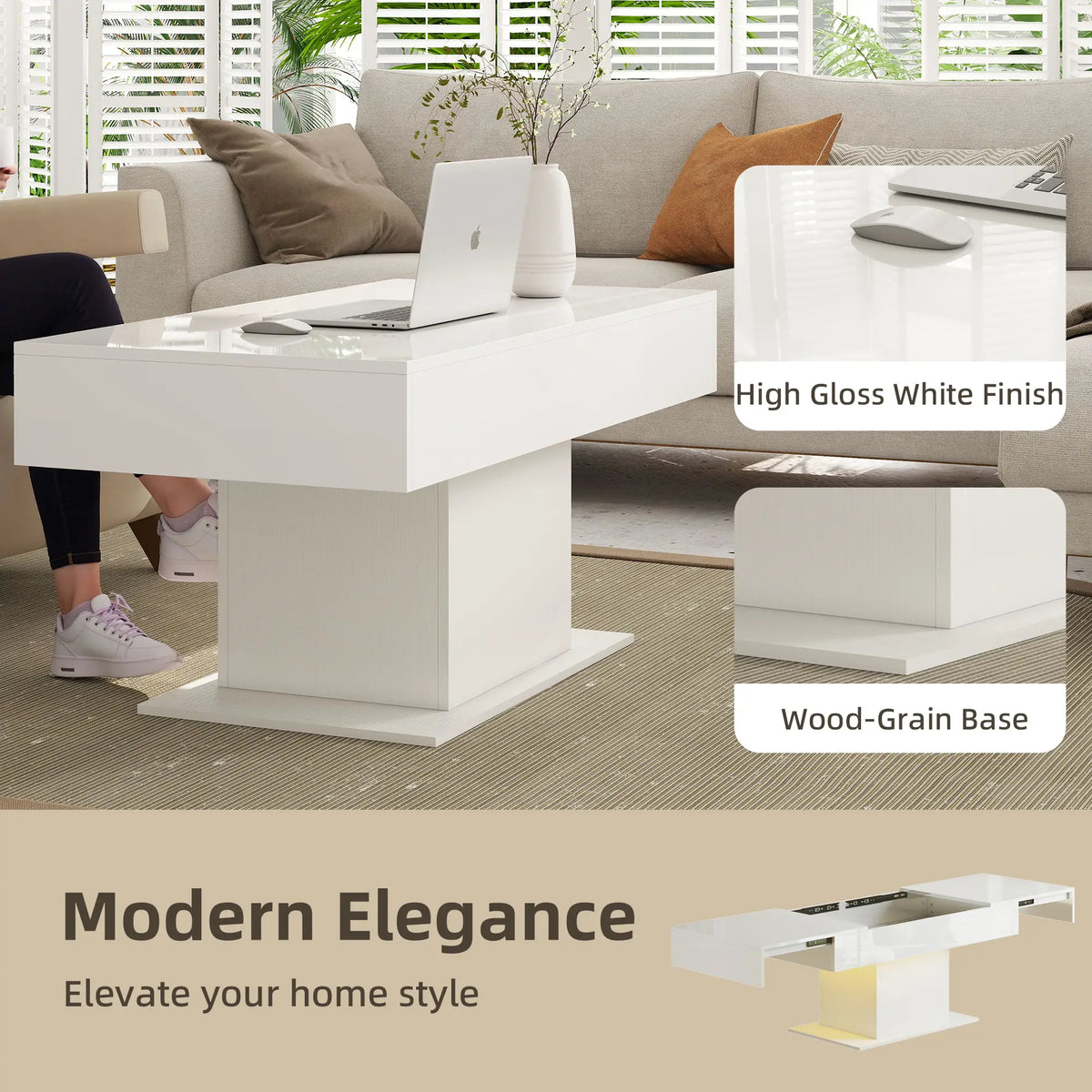 Extendable Coffee Table with LED Lights, Modern High Gloss Center Table with Hidden Storage, White Coffee Tables at Gallery Canada