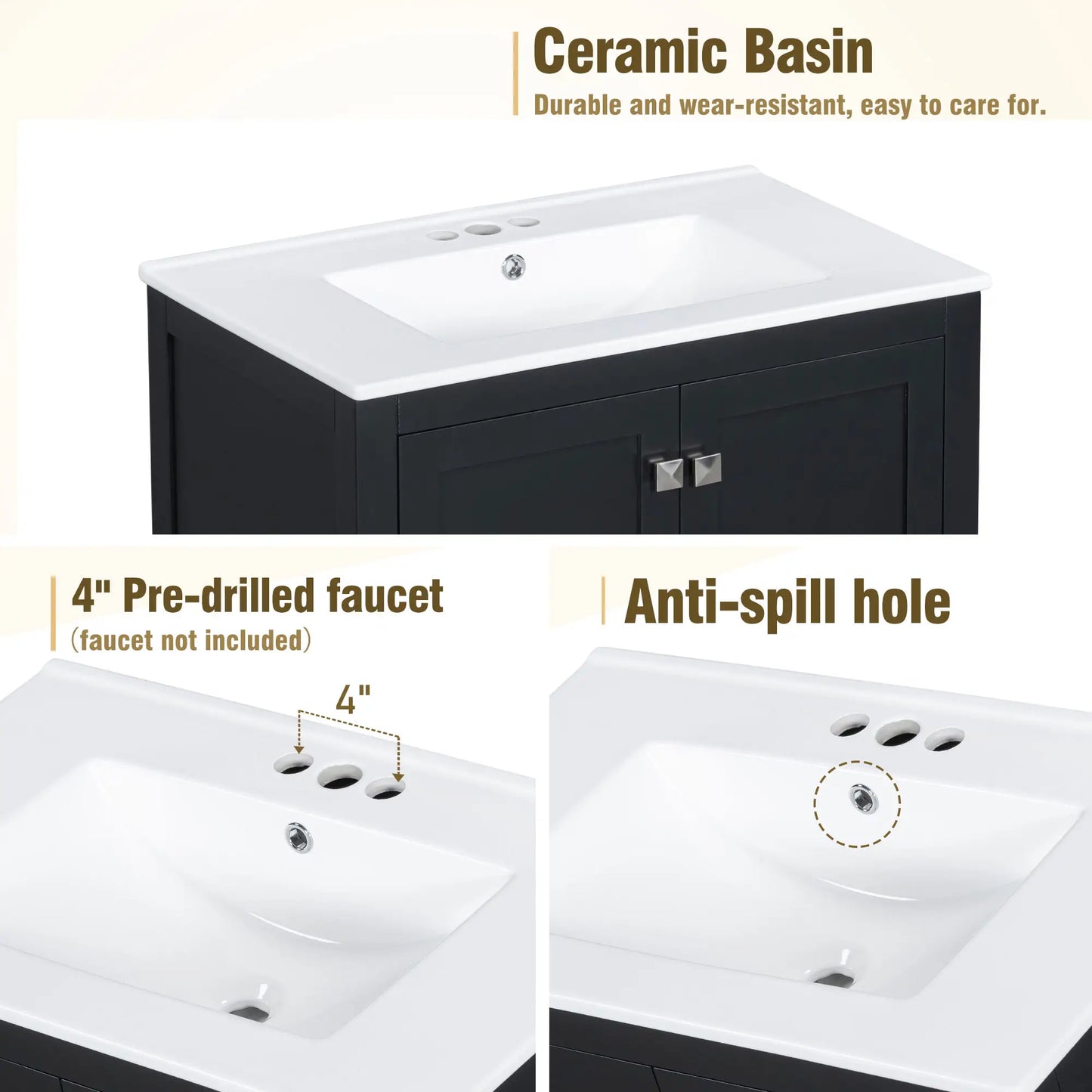 30" Bathroom Vanity, Single Undermount Sink, Soft-Close Doors, Black+White Sink Cabinets at Gallery Canada