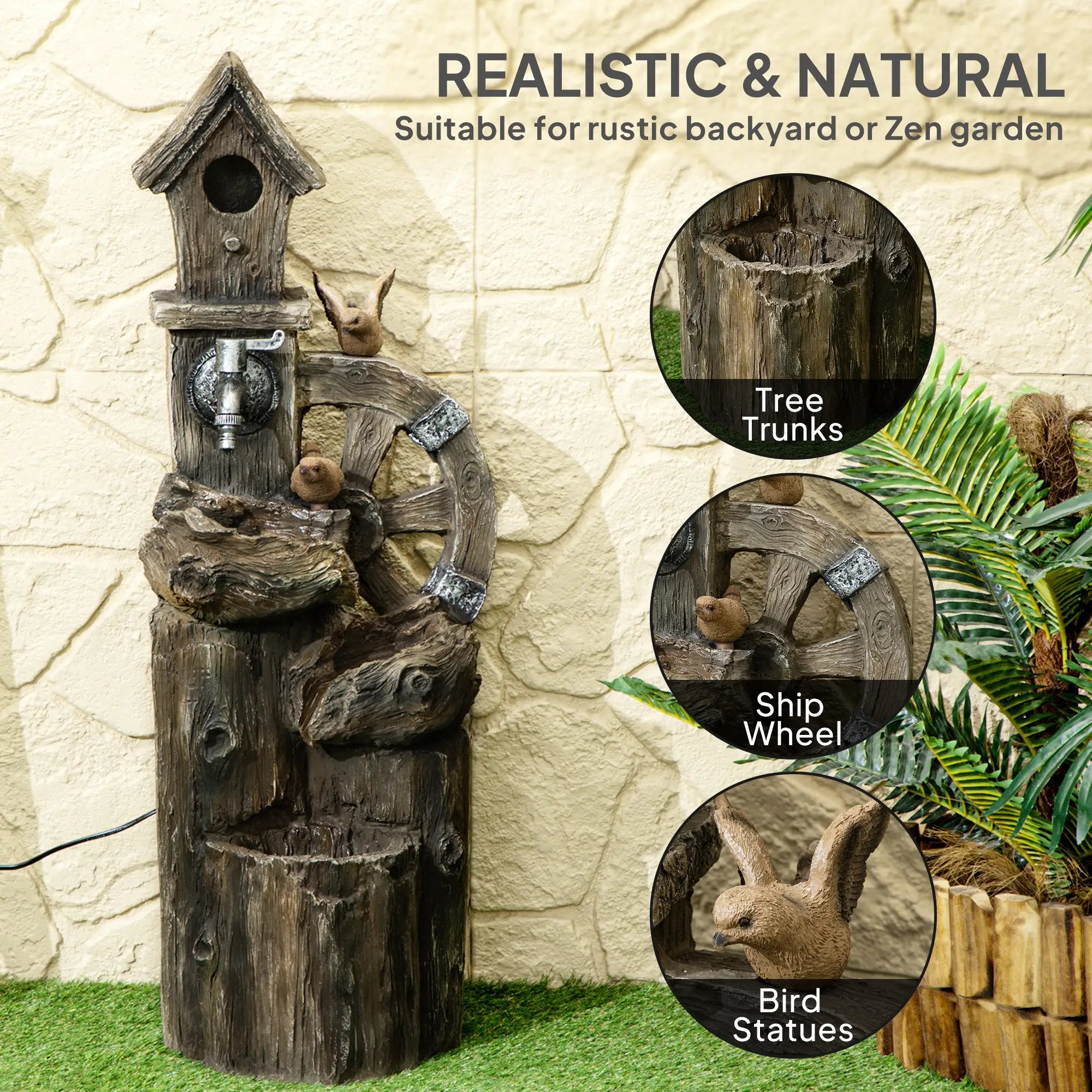 2-in-1 Outdoor Water Fountain With Birdhouse, 13.6
