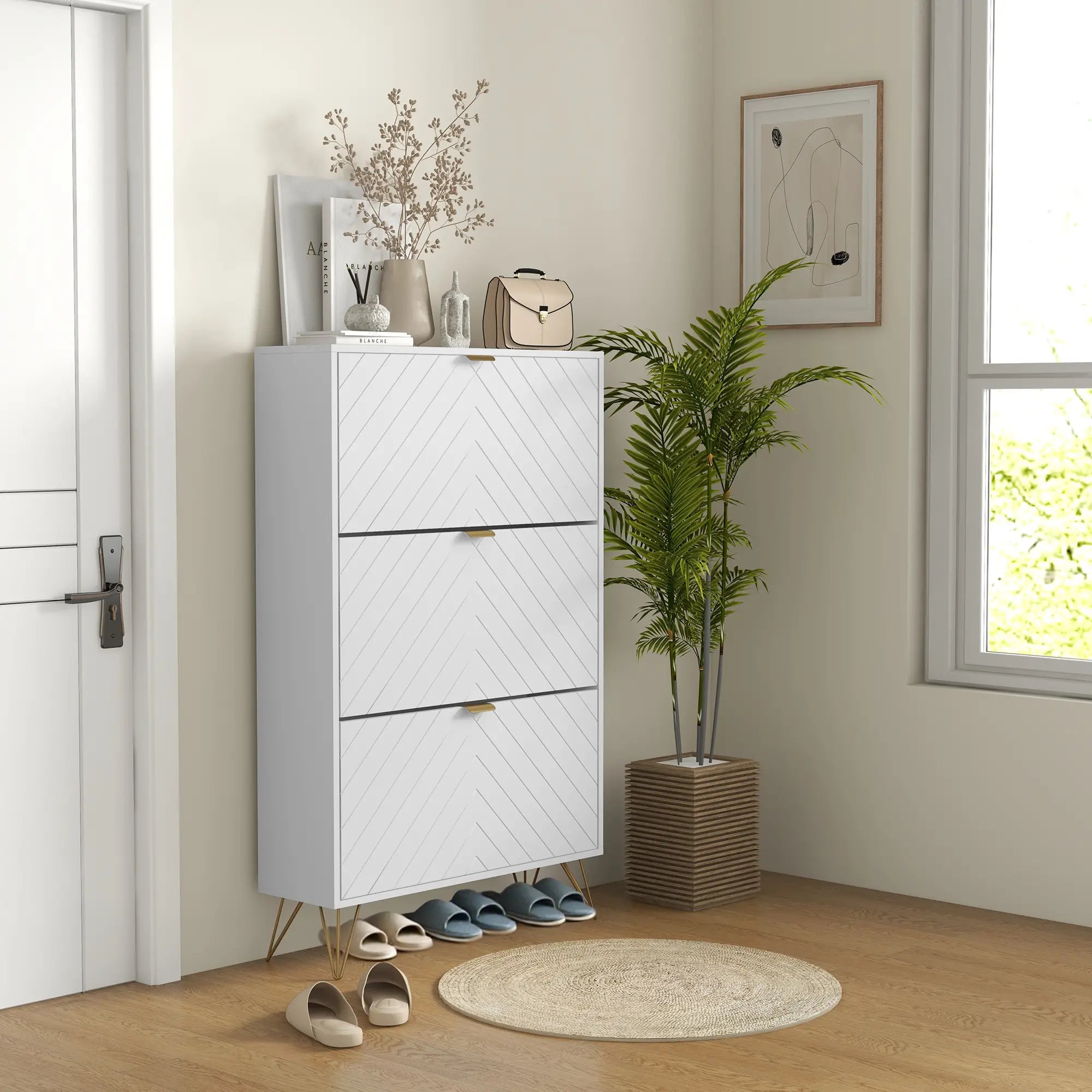 Modern Shoe Storage Cabinet, 3 Flip Drawers for 18 Pairs, Narrow, White Shoe Storage Cabinets & Racks at Gallery Canada