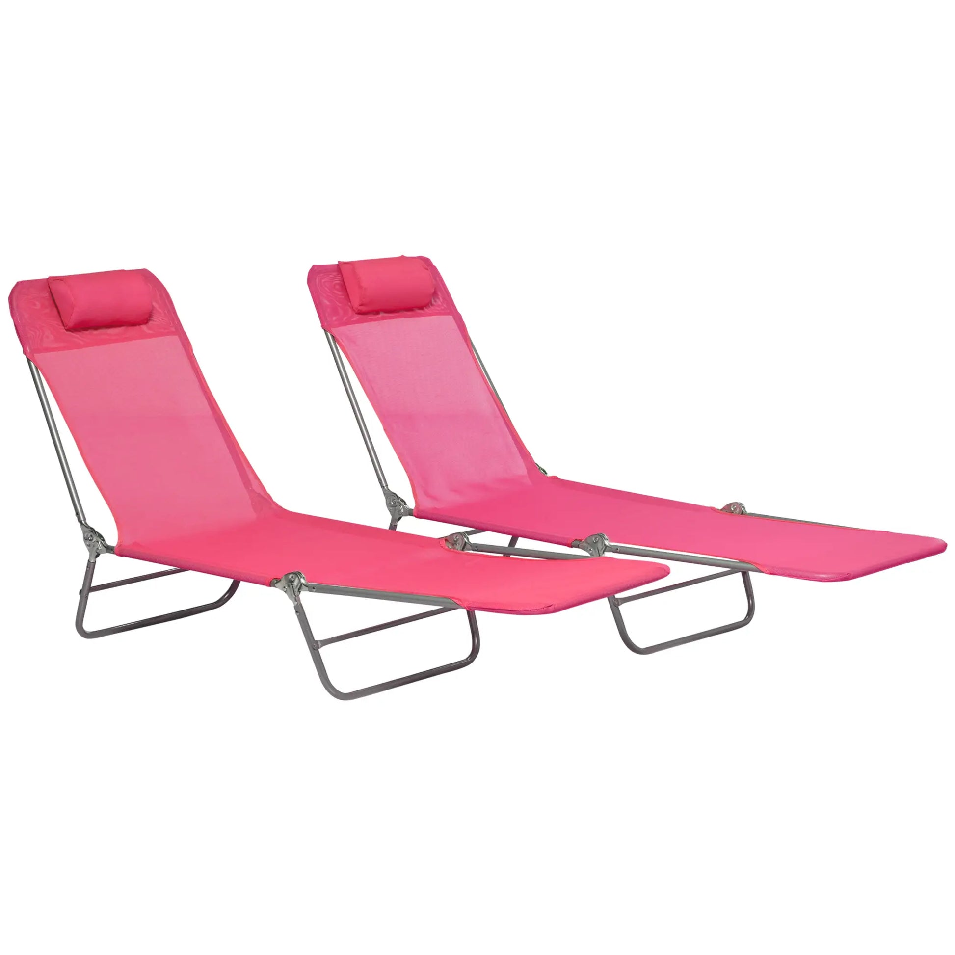 Set of 2 Folding Chaise Lounge Chairs, Outdoor, Reclining, Pink Lounger Chairs Pink, Silver Grey Frame at Gallery Canada