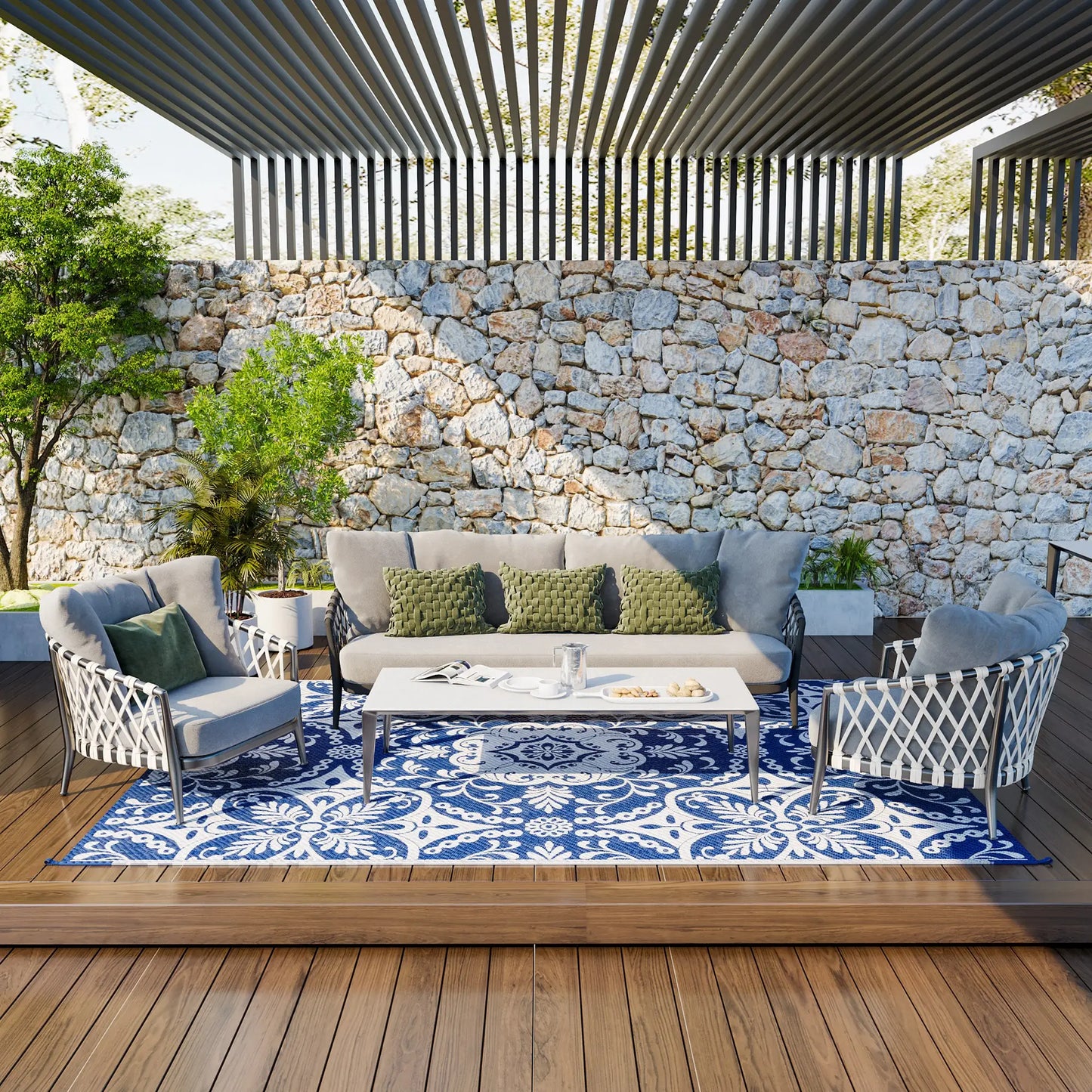 Portable Outdoor Rug, 9' x 12', White Flower, Waterproof, Reversible, Blue Outdoor Reversible Rugs at Gallery Canada
