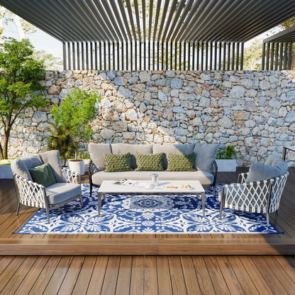 Portable Outdoor Rug, 9' x 12', White Flower, Waterproof, Reversible, Blue Outdoor Reversible Rugs at Gallery Canada