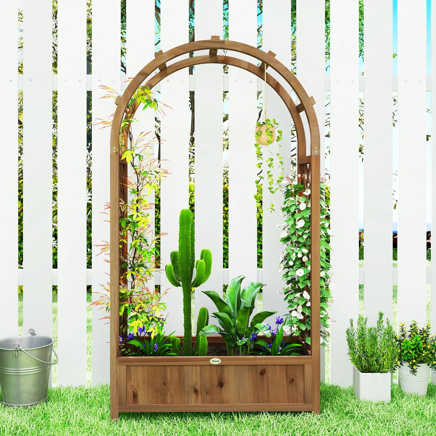 Lit de Jardin Surélevé avec Arche Treillis, Bac à Plantes, Effet Bois Brun Foncé, Brun Foncé