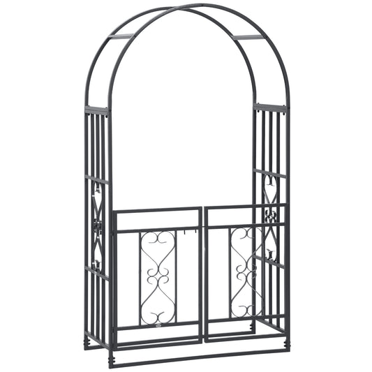 6.7 FT Steel Garden Arch with Gate, Outdoor Arbor for Vines, Dark Grey Garden Arches Dark Grey at Gallery Canada