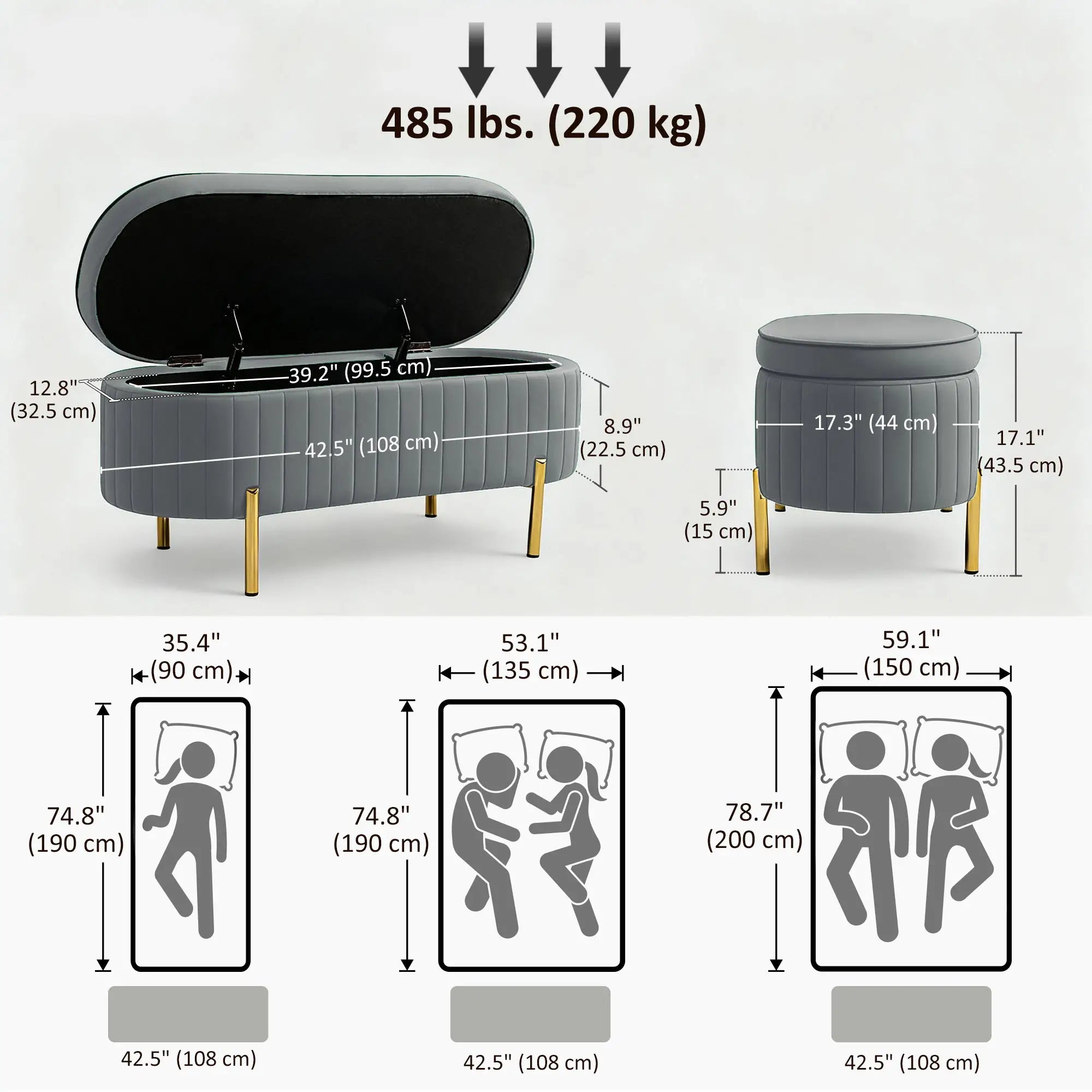 Upholstered Channel Tufted Ottoman Bench, Thick Padding, Metal Legs, Grey Storage Ottomans & Benches at Gallery Canada