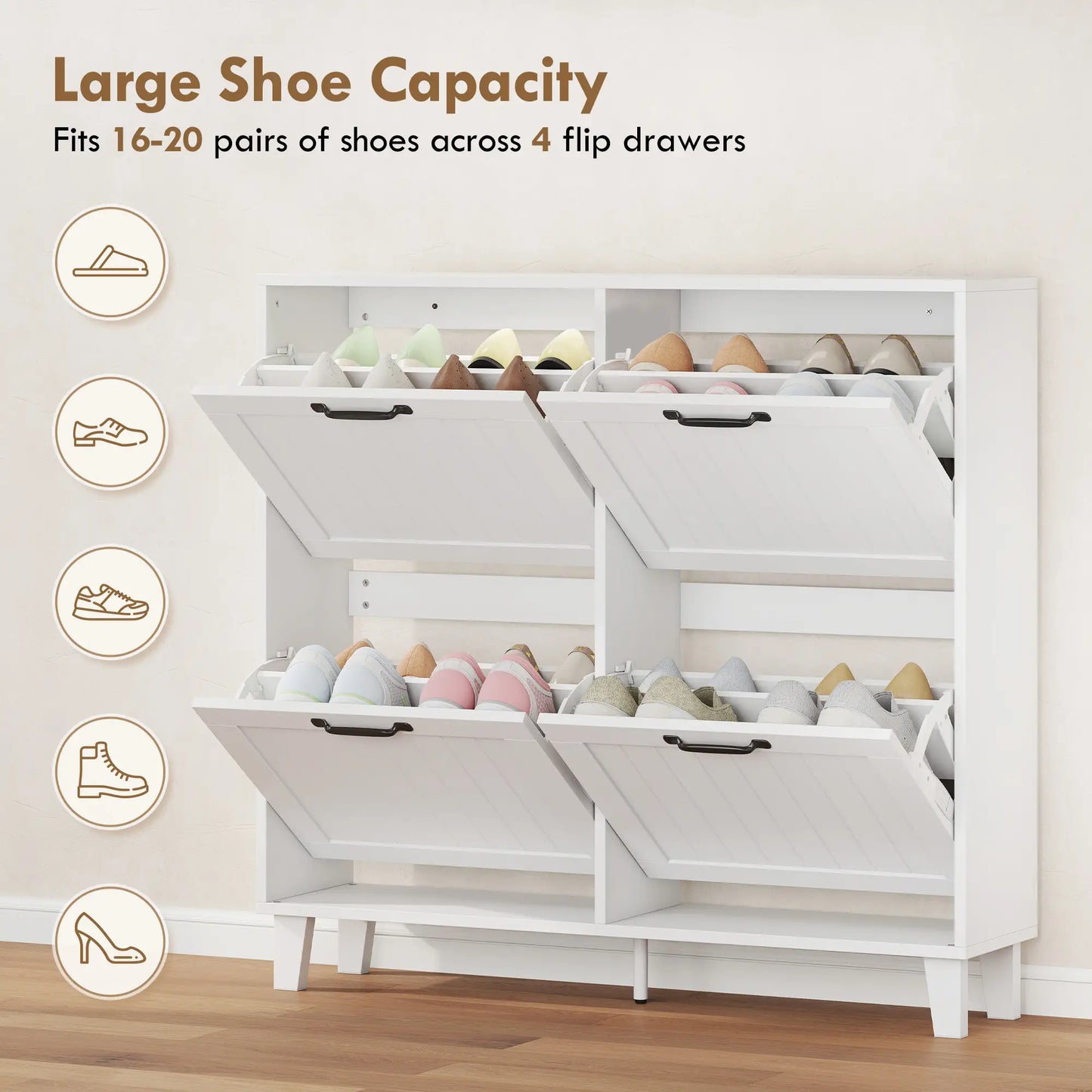 Shoe Cabinet with 4 Flip Drawers, Freestanding Narrow Shoe Storage Cabinet with Adjustable Shelves, Open Back, White