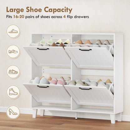 Shoe Cabinet with 4 Flip Drawers, Freestanding Narrow Shoe Storage Cabinet with Adjustable Shelves, Open Back, White