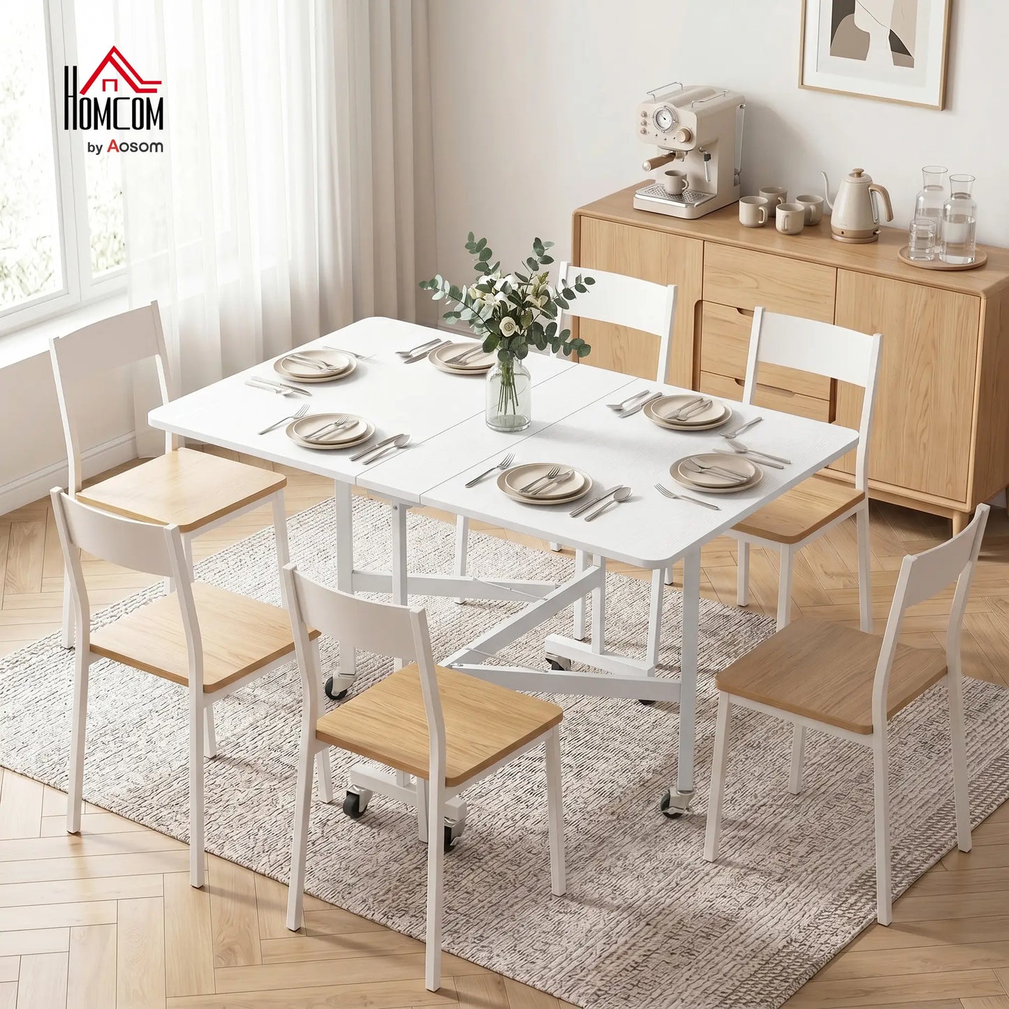 Six-Seater Drop-Leaf Dining Table with Wheels, White